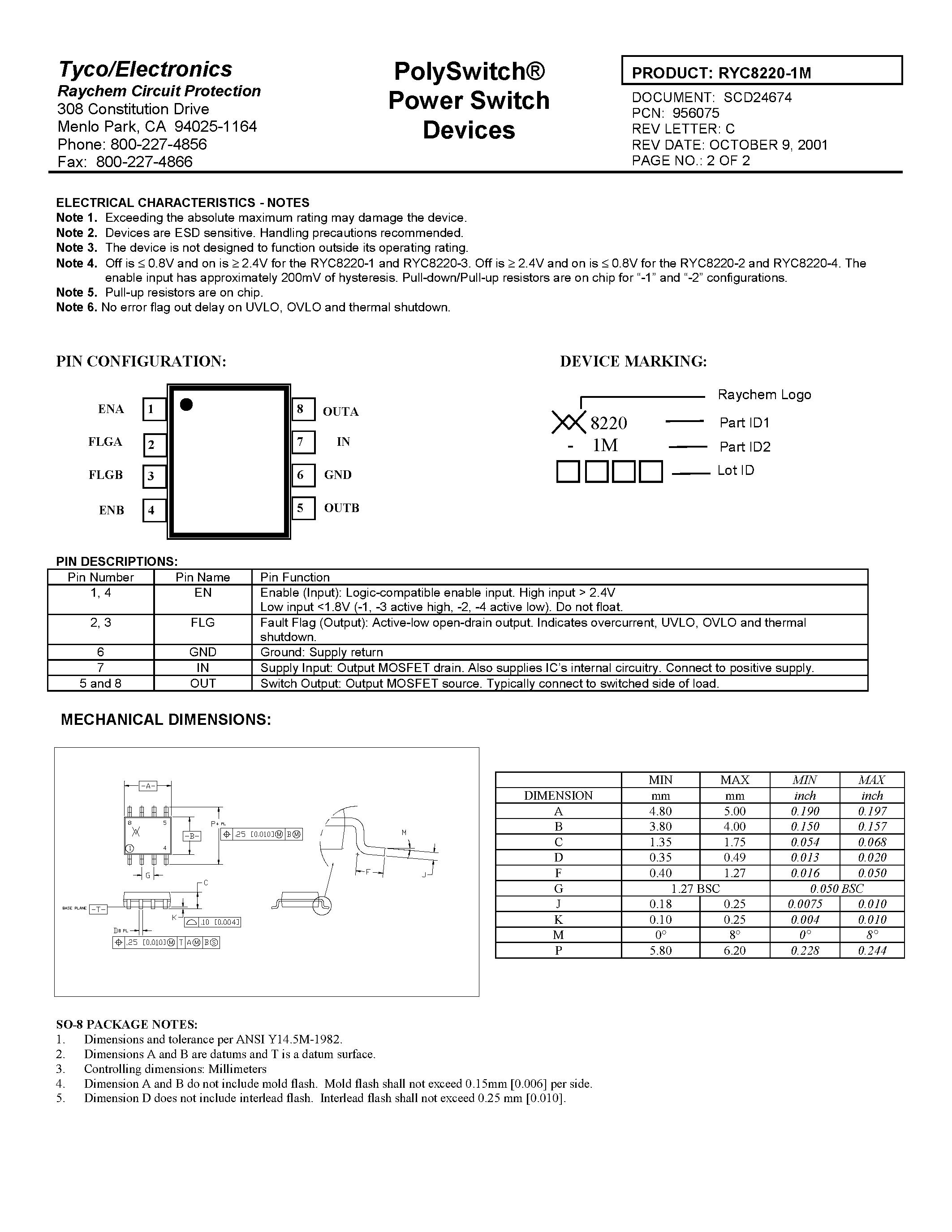 Даташит на микросхему RYC8220-1M страница 2 Даташит RYC8220-1M - Poly Switch Power Switch Devices страница 2