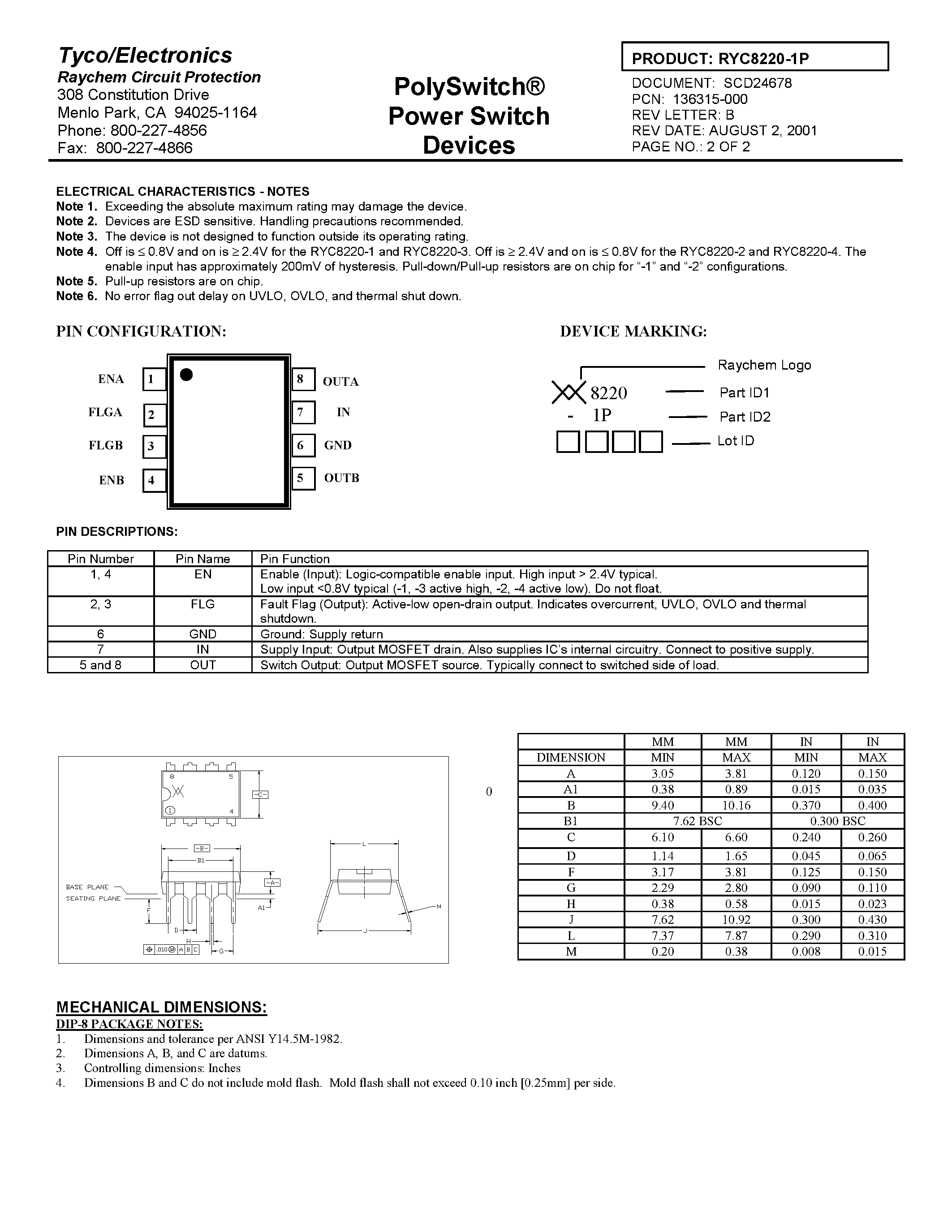 Даташит на микросхему RYC8220-1P страница 2 Даташит RYC8220-1P - Poly Switch Power Switch Devices страница 2