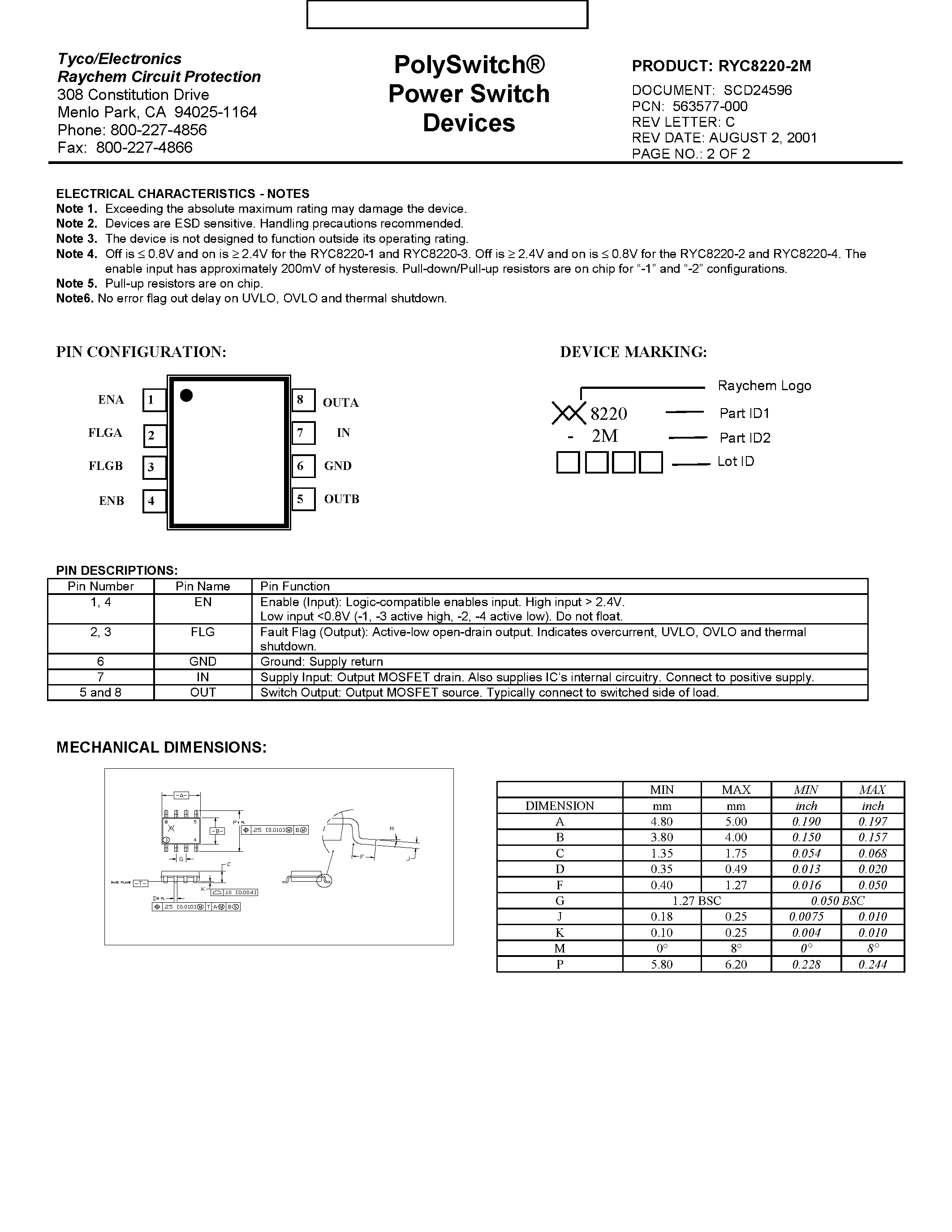 Даташит на микросхему RYC8220-2M страница 2 Даташит RYC8220-2M - Poly Switch Power Switch Devices страница 2
