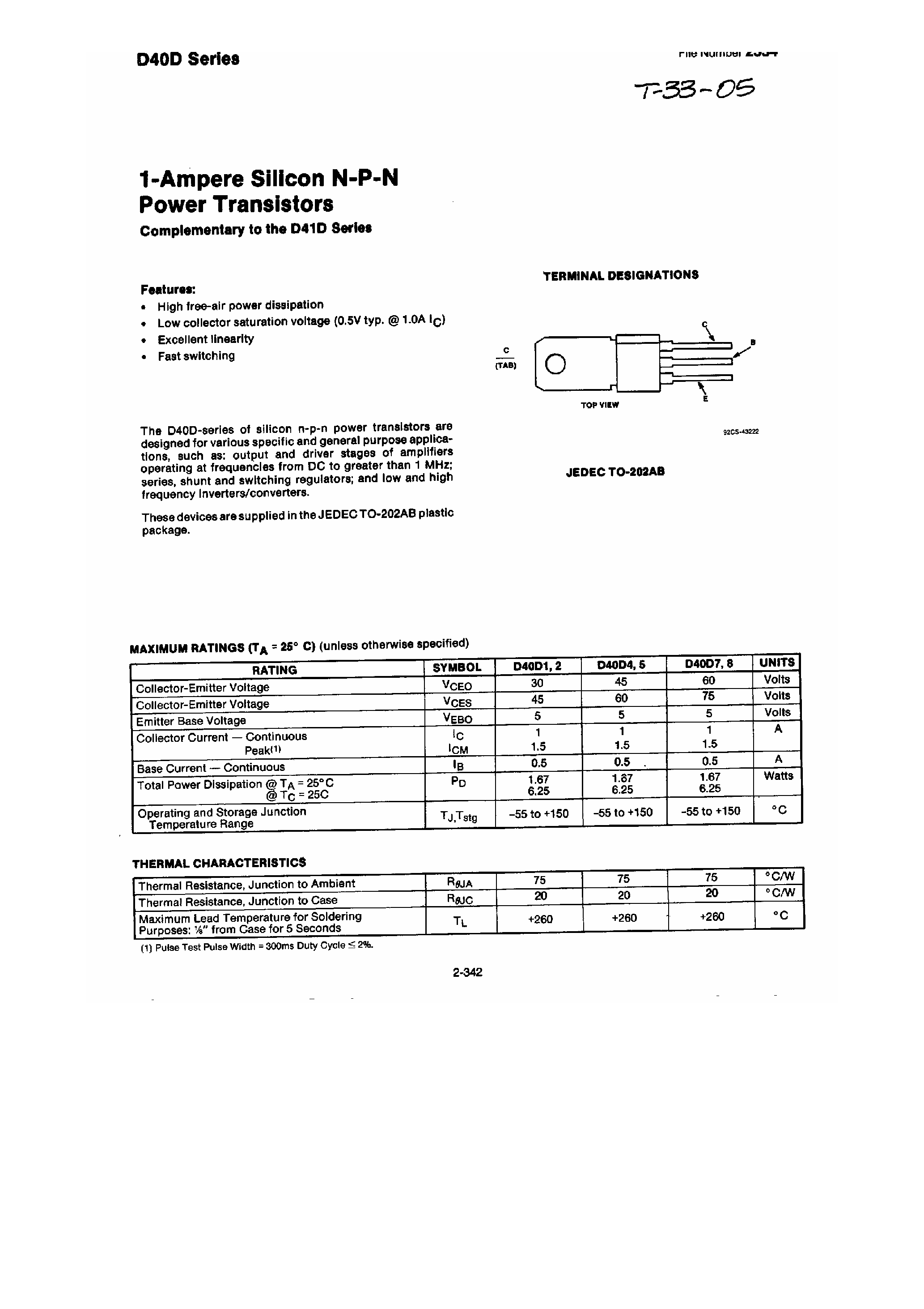 Даташит D40D5 - (D40D Series) Silicon NPN Power Transistors страница 1