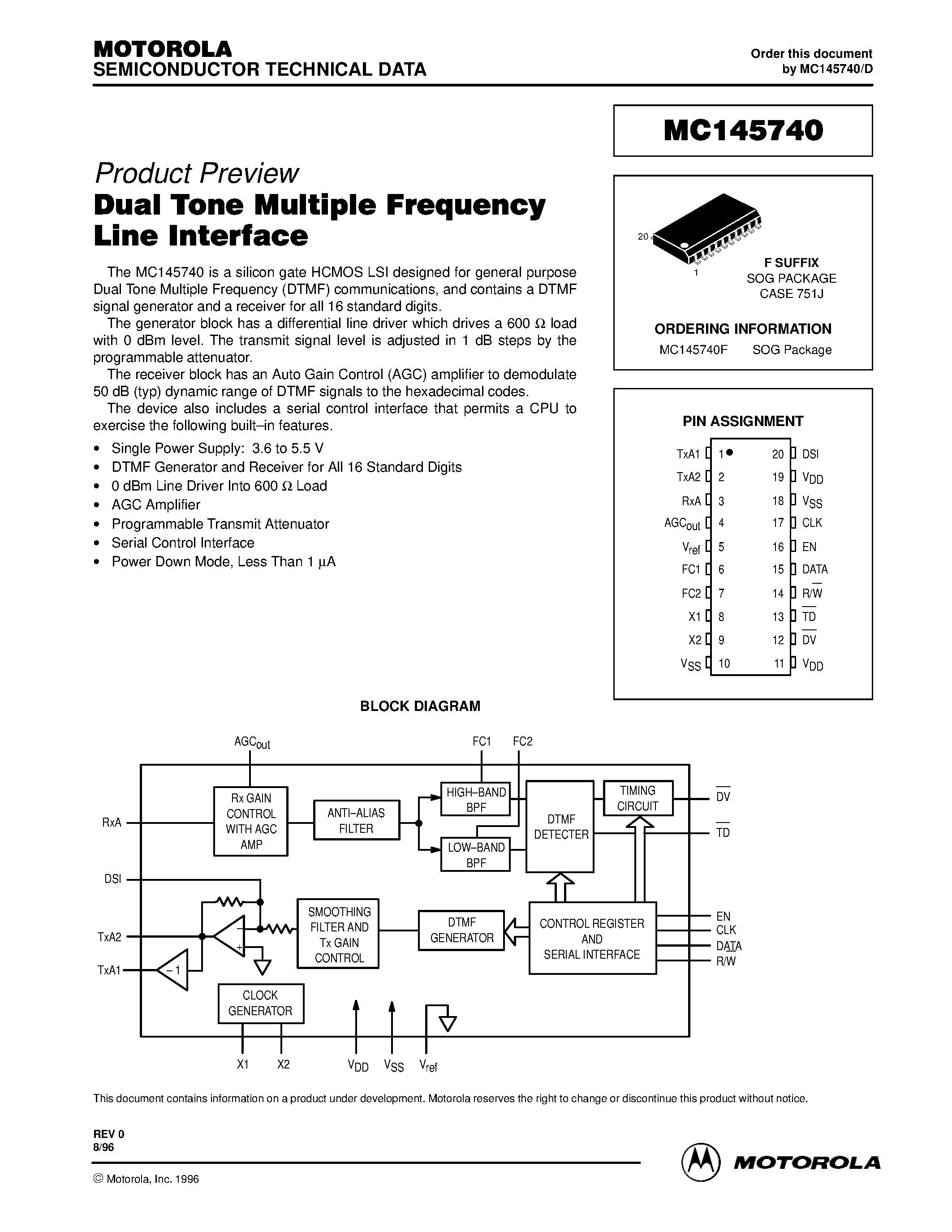 Даташит на микросхему MC145740 страница 1 Даташит MC145740 - Dual Tone Multiple Frequency Line Interface страница 1