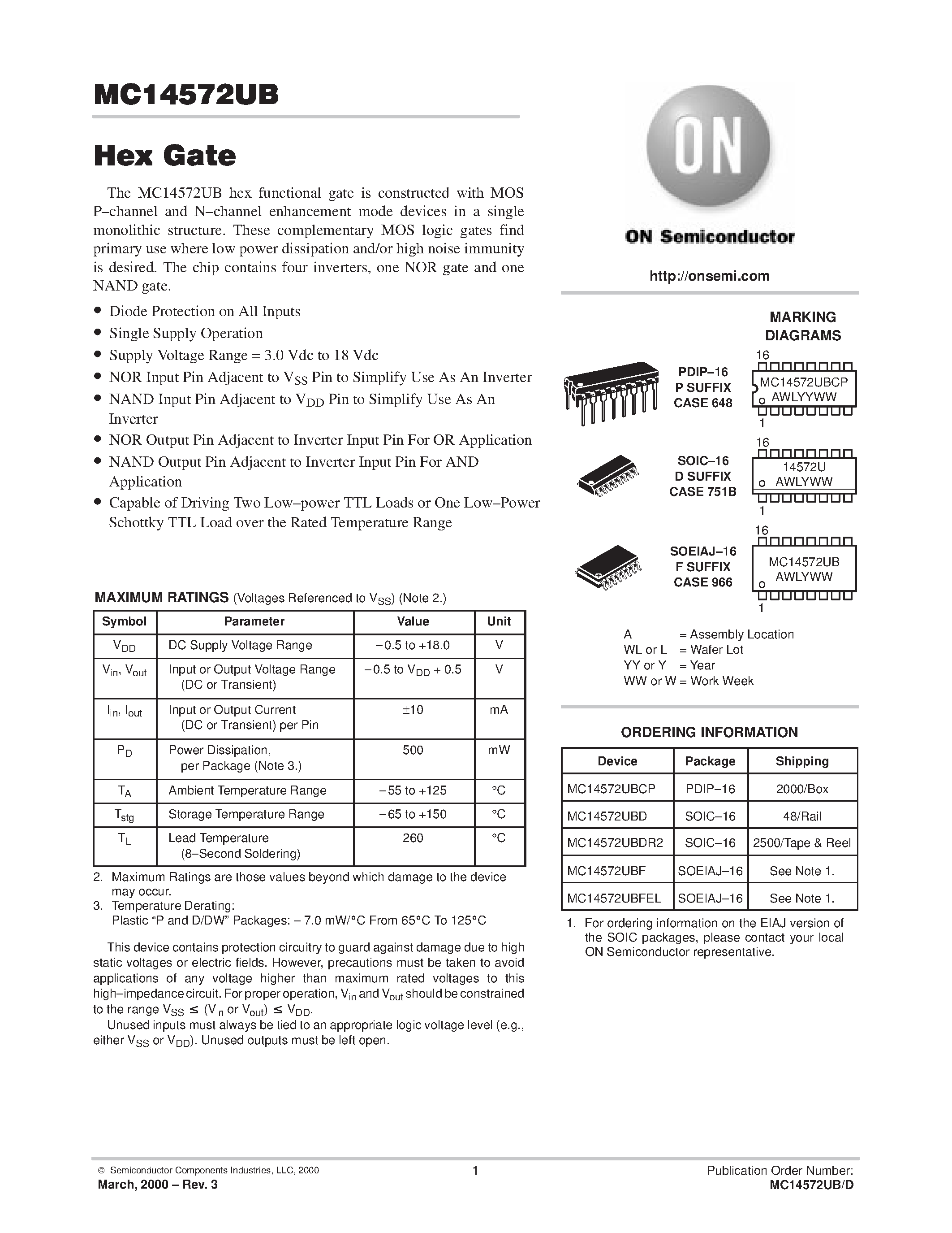 Datasheet MC14572UB page 1 Datasheet MC14572UB - Hex Gate page 1