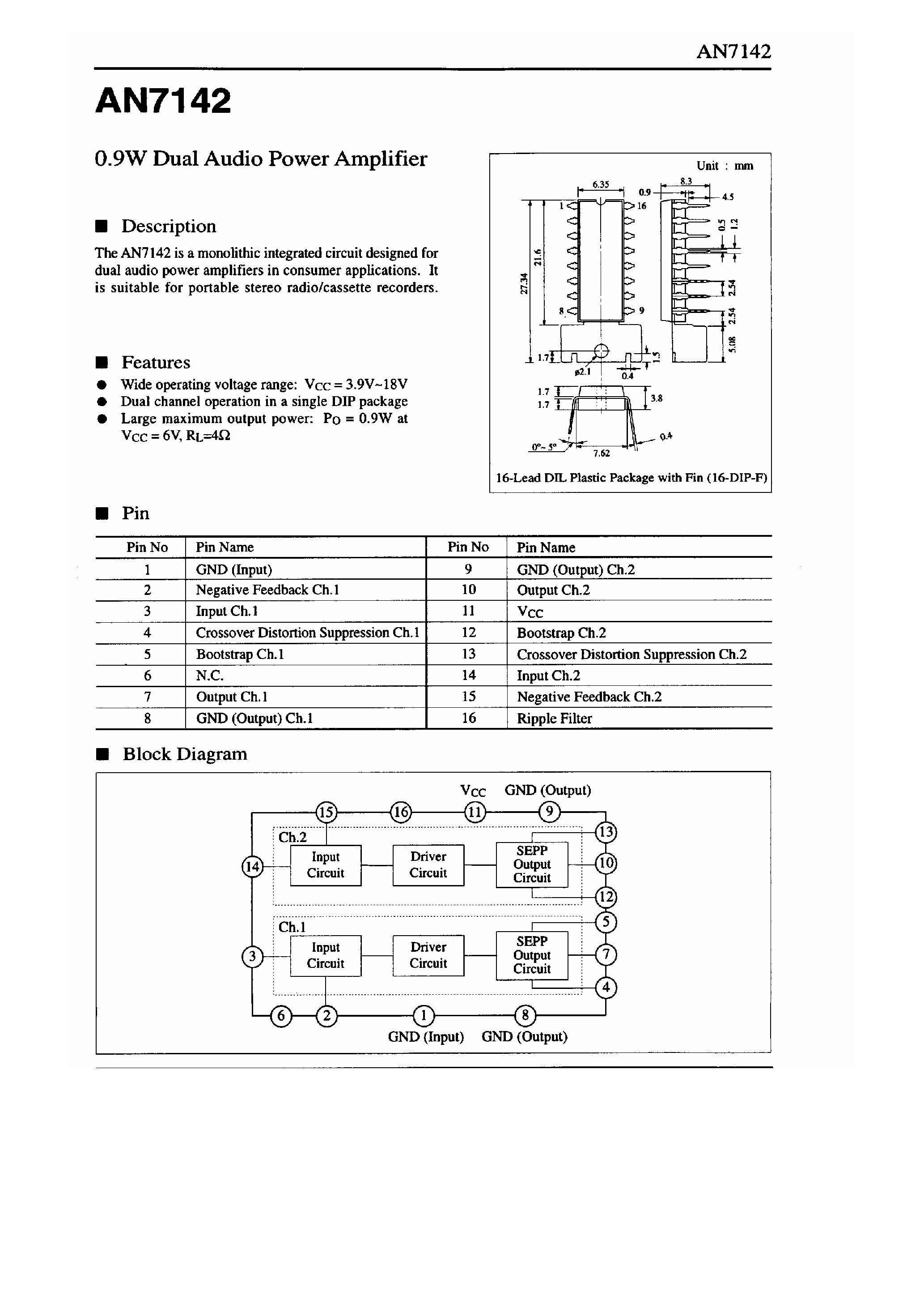 Datasheet AN7142 page 1 Datasheet AN7142 - 0.9W DUAL AUDIO POWER AMPLIFIER page 1
