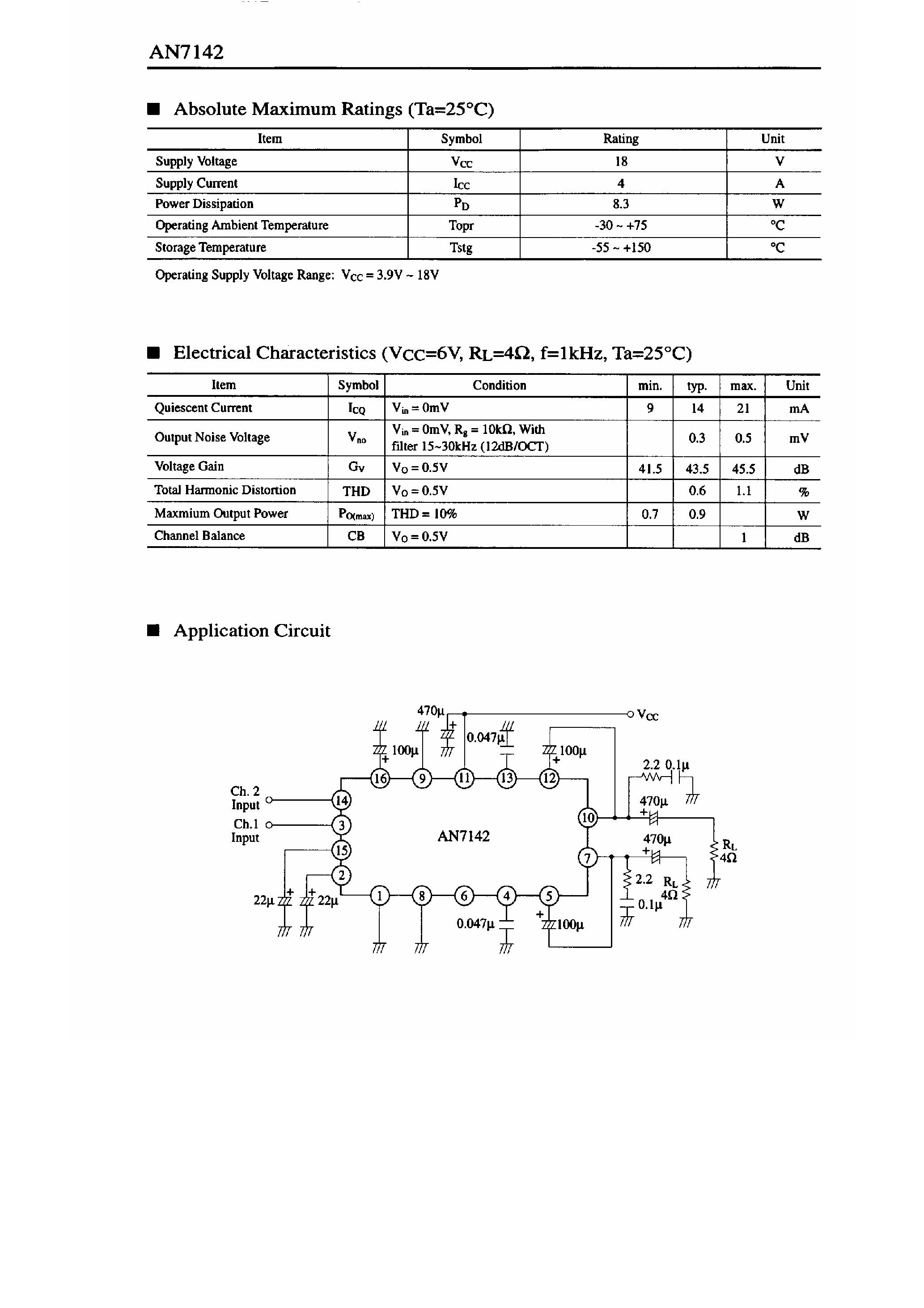 Datasheet AN7142 page 2 Datasheet AN7142 - 0.9W DUAL AUDIO POWER AMPLIFIER page 2