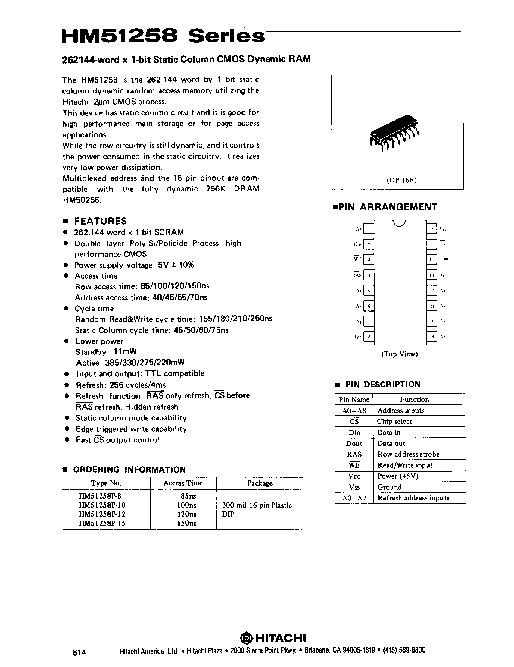 Даташит на микросхему HM51258P страница 1 Даташит HM51258P - 262144 word x 1 Bit Static Column CMOS DRAM страница 1