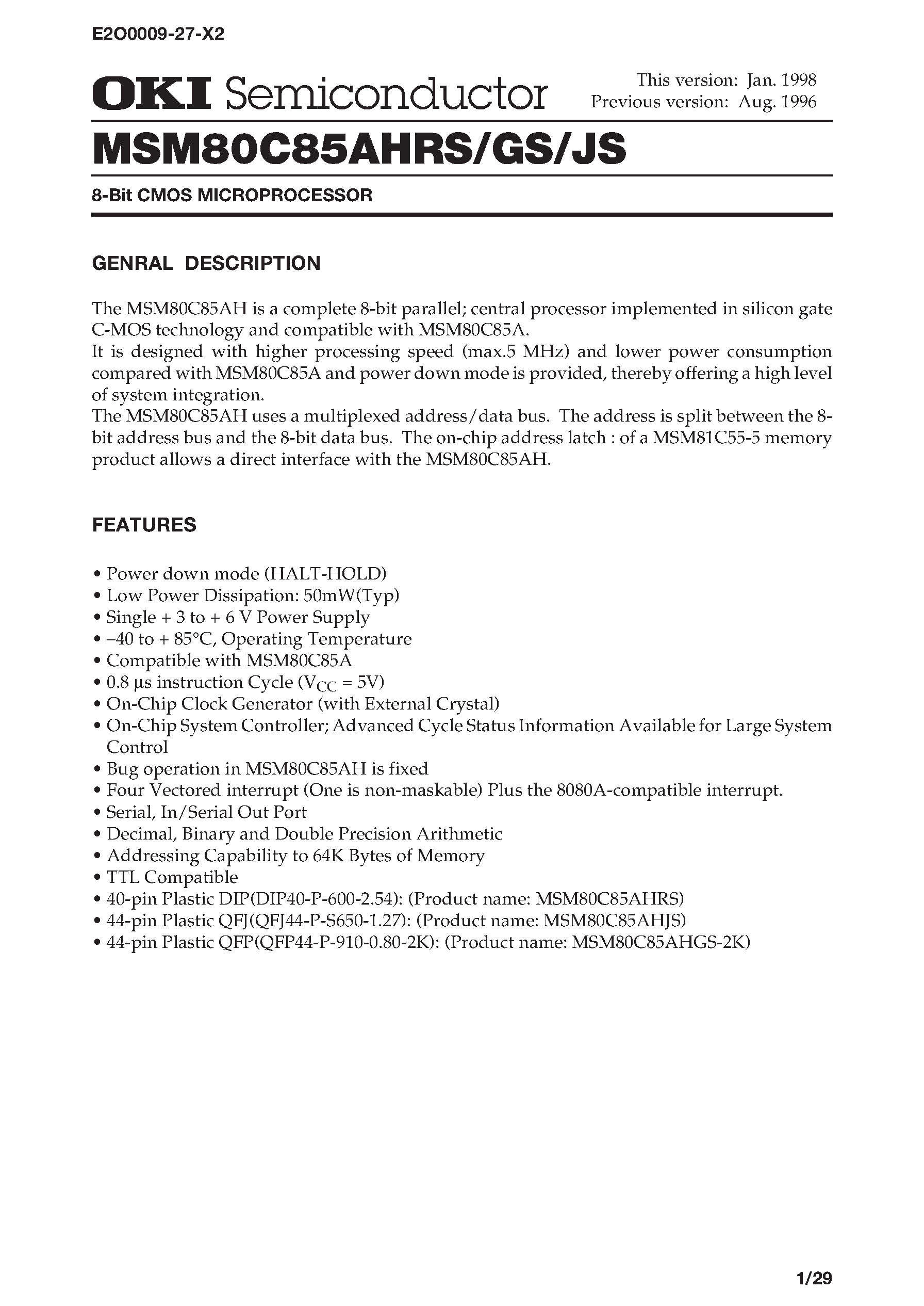 Datasheet M80C85 page 1 Datasheet M80C85 - 8-Bit CMOS MICROPROCESSOR page 1