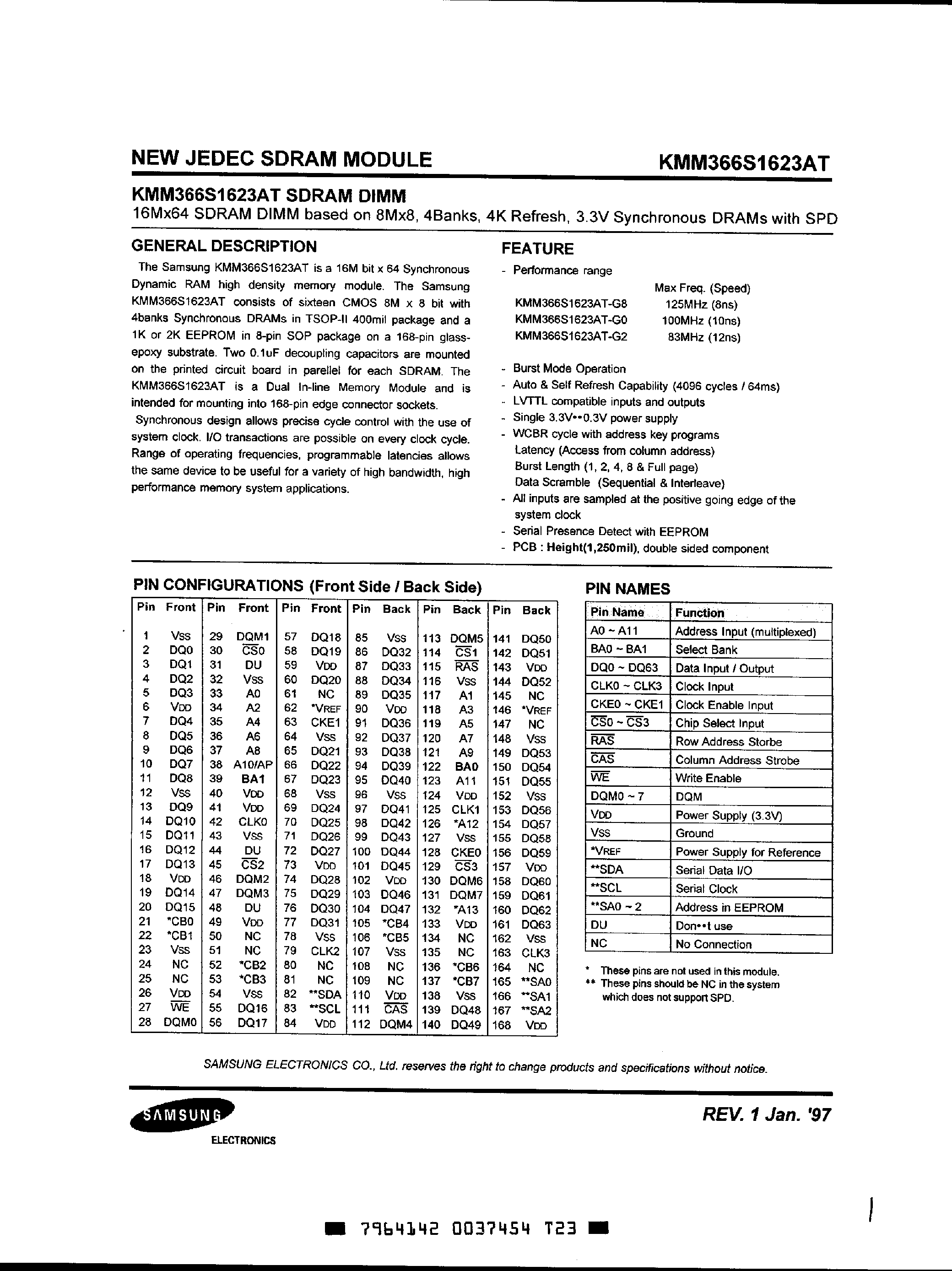 Даташит KMM366S1623AT - 16M x 64 SDRAM DIMM страница 1