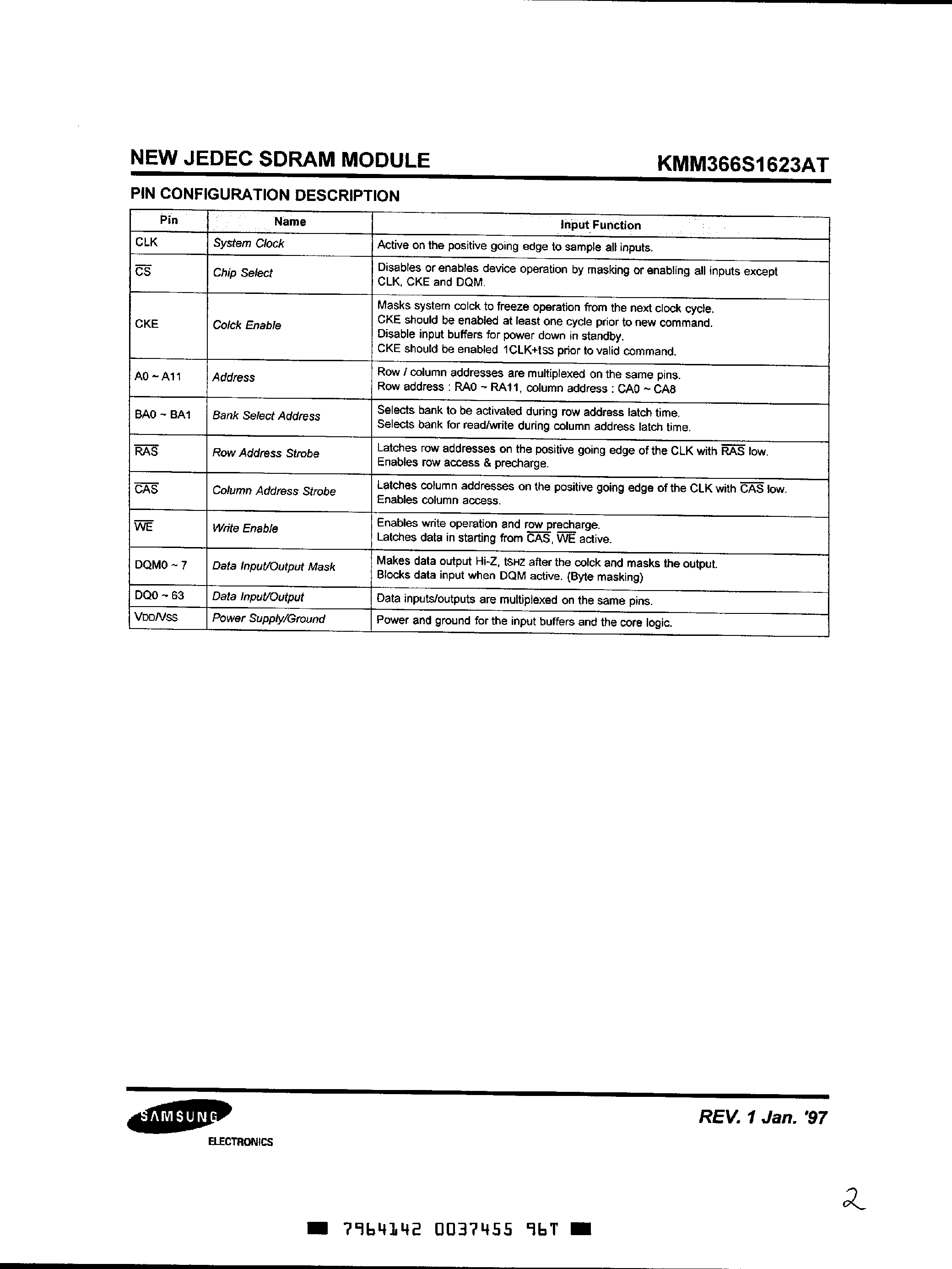 Даташит KMM366S1623AT - 16M x 64 SDRAM DIMM страница 2