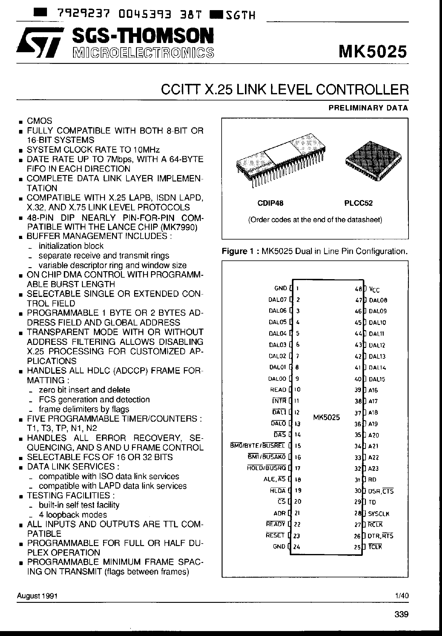 Datasheet MK5025 page 1 Datasheet MK5025 - CCITT X.25 Link Level Controller page 1