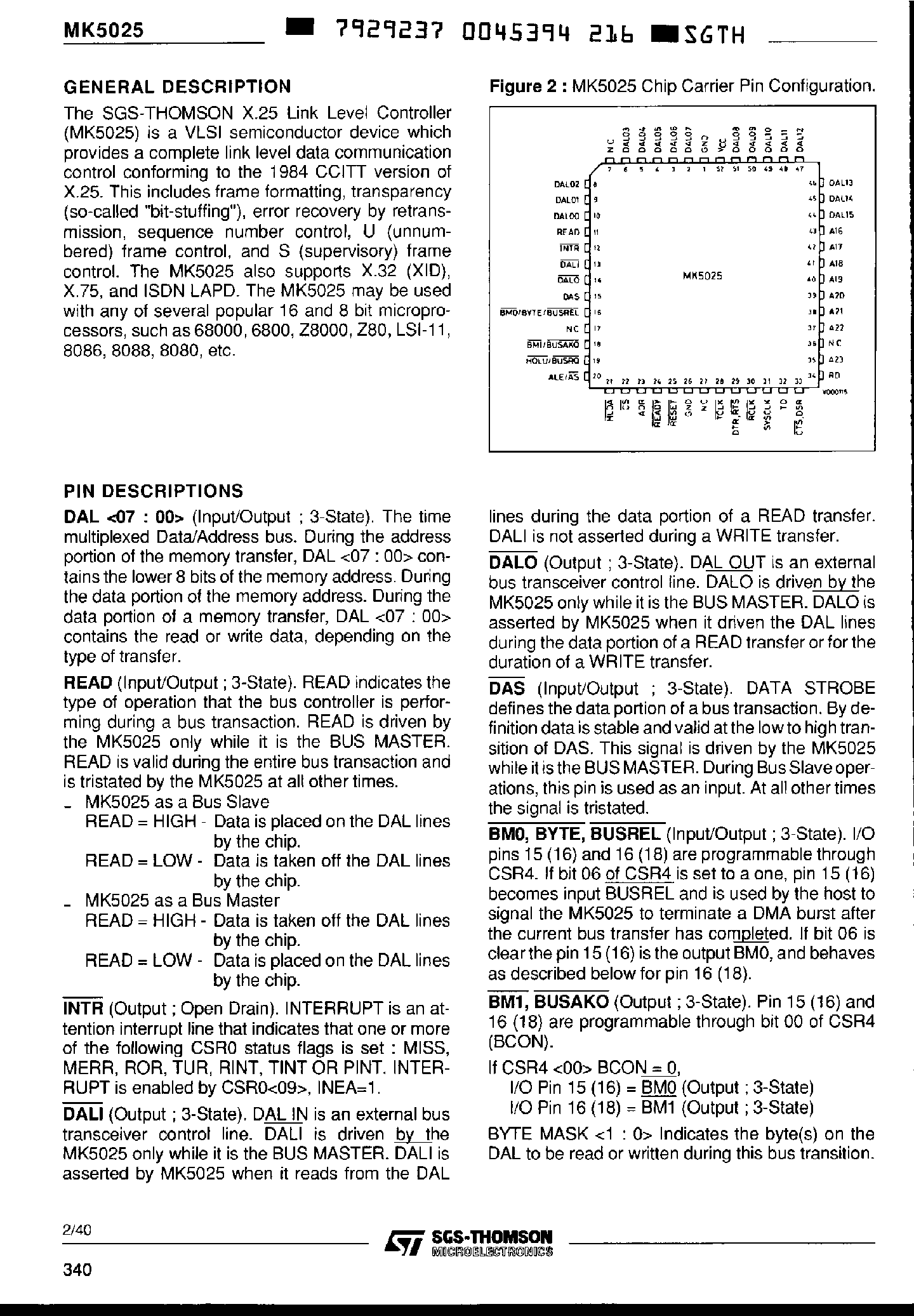 Datasheet MK5025 page 2 Datasheet MK5025 - CCITT X.25 Link Level Controller page 2