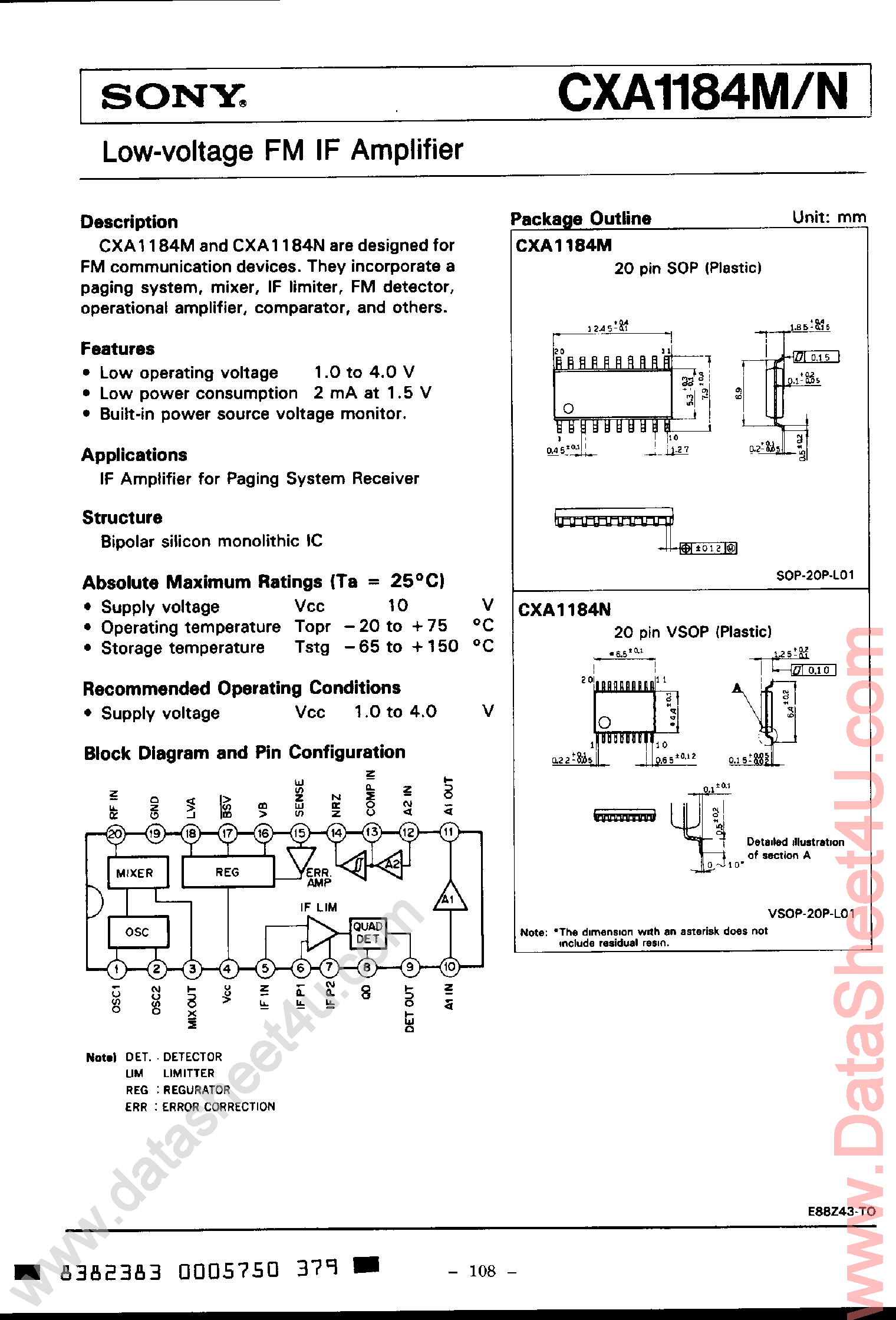 Даташит на микросхему CXA1184 страница 1 Даташит CXA1184 - Low Voltage FM IF Amplifier страница 1