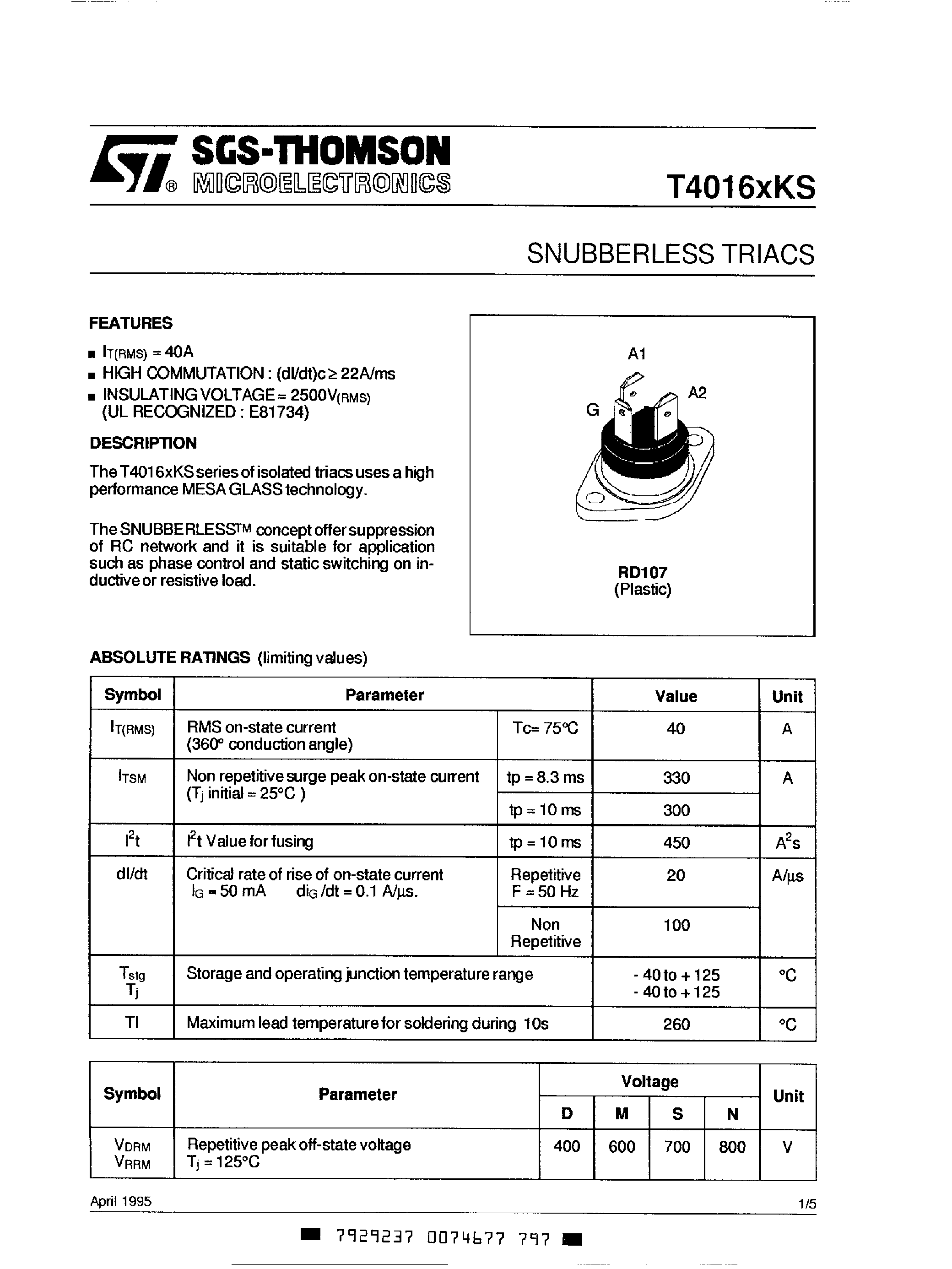 Datasheet T4016xKS - Snubberless Triacs page 1