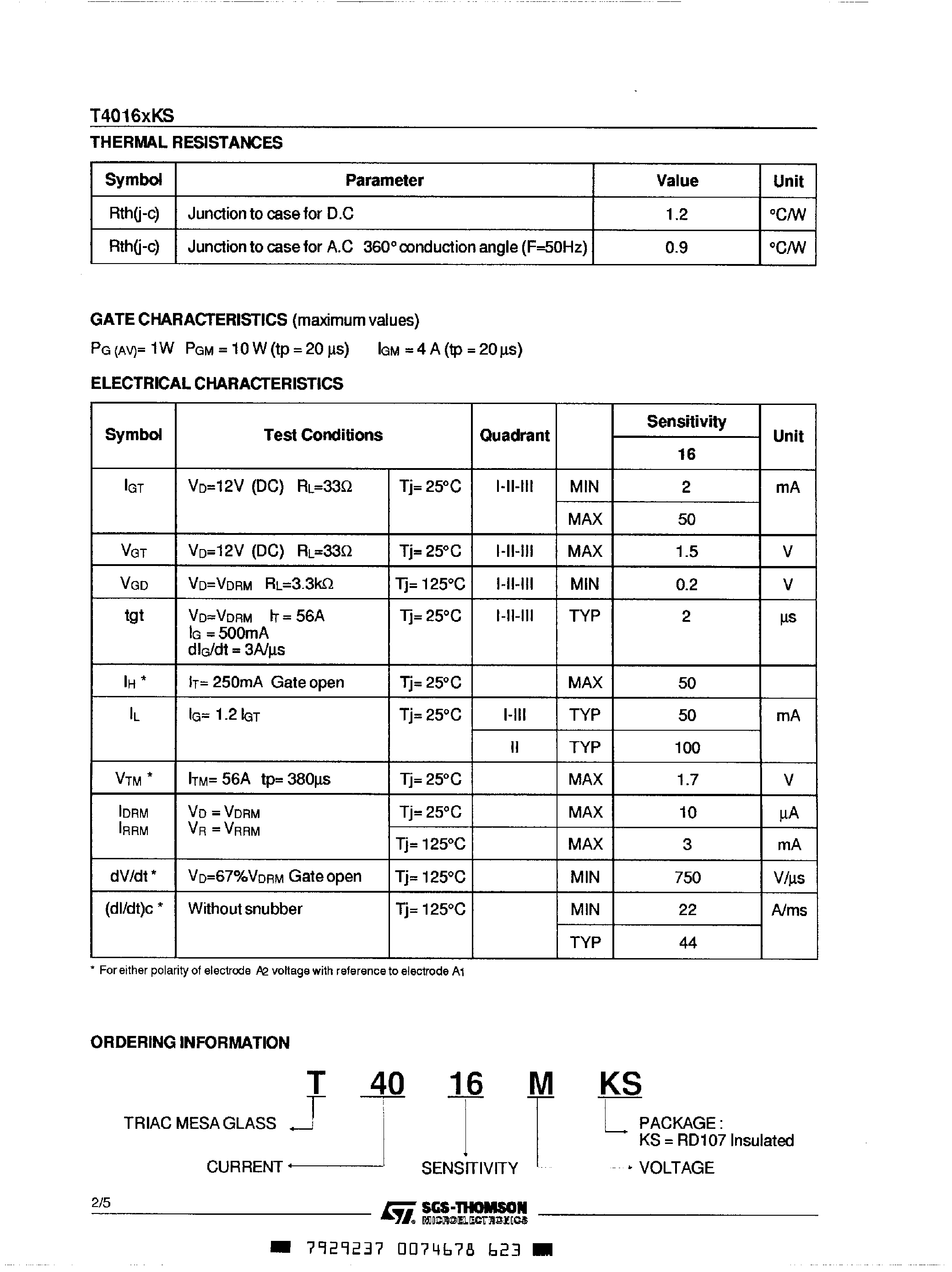 Datasheet T4016xKS - Snubberless Triacs page 2