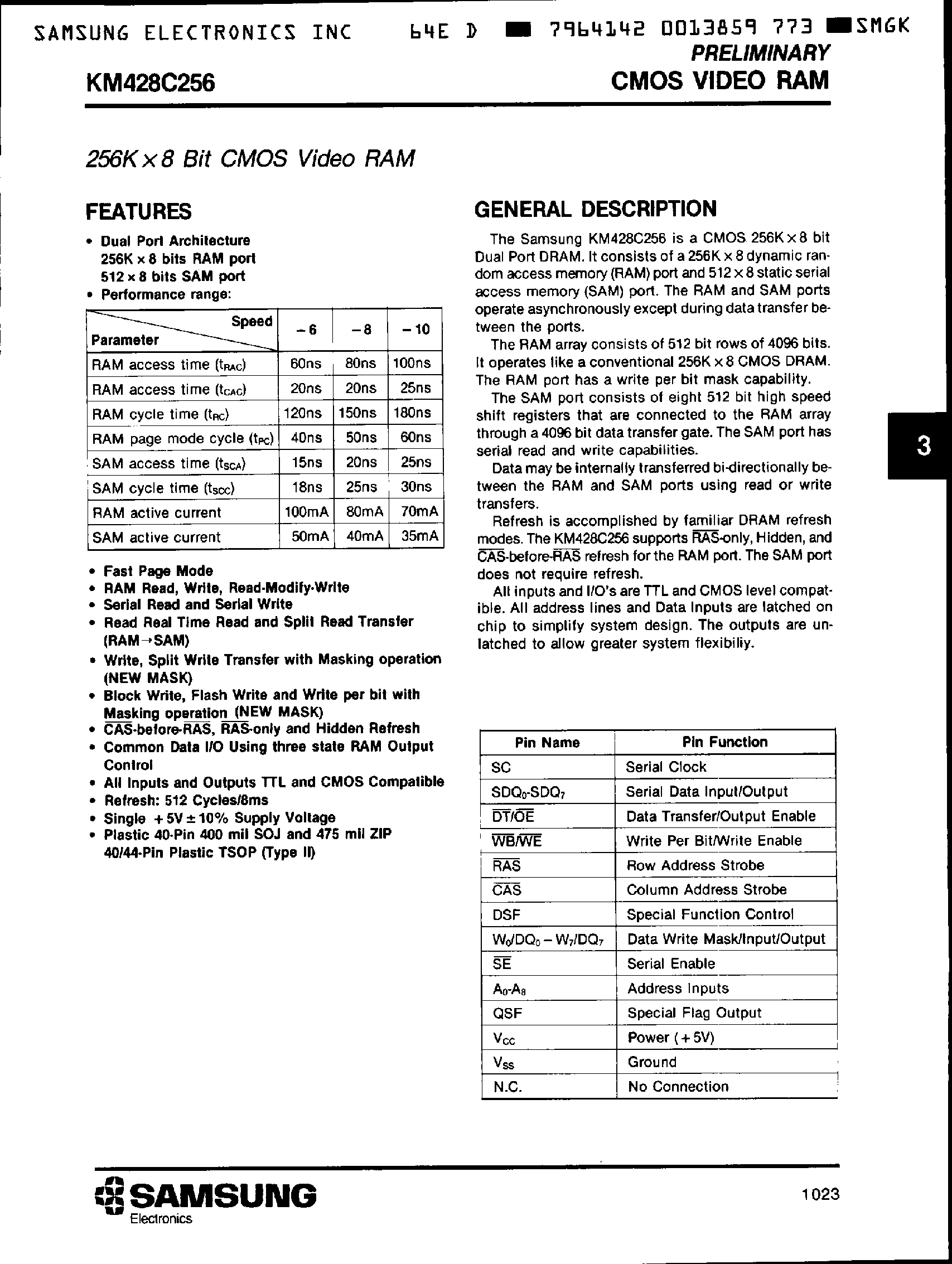 Даташит на микросхему KM428C256 страница 1 Даташит KM428C256 - 256K x 8 Bit CMOS Video RAM страница 1