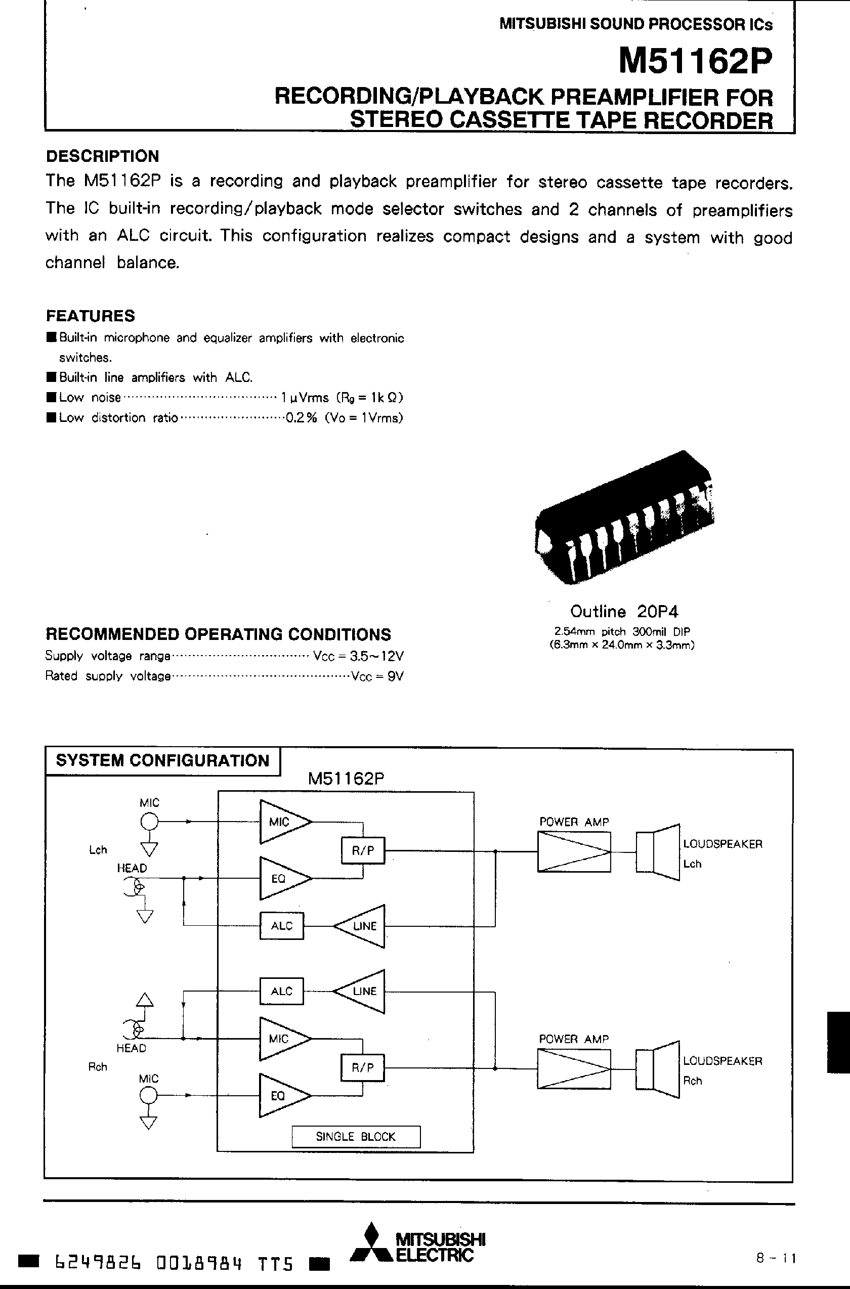 Даташит M51162P - RECORDINGIPLAYBACK PREAMPLIFIER FOR STEREO CASSETTE TAPE RECORDER страница 1