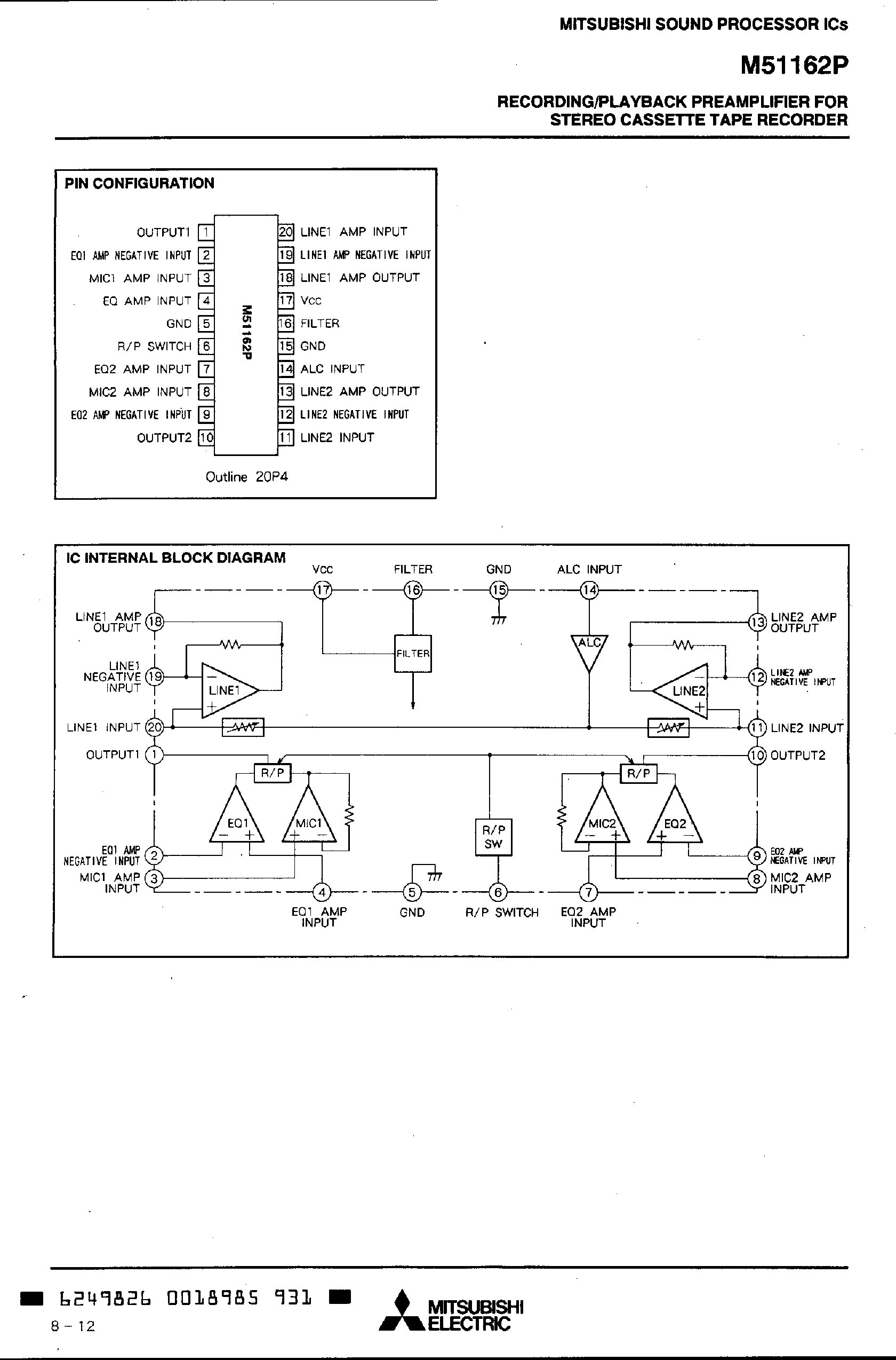 Даташит M51162P - RECORDINGIPLAYBACK PREAMPLIFIER FOR STEREO CASSETTE TAPE RECORDER страница 2
