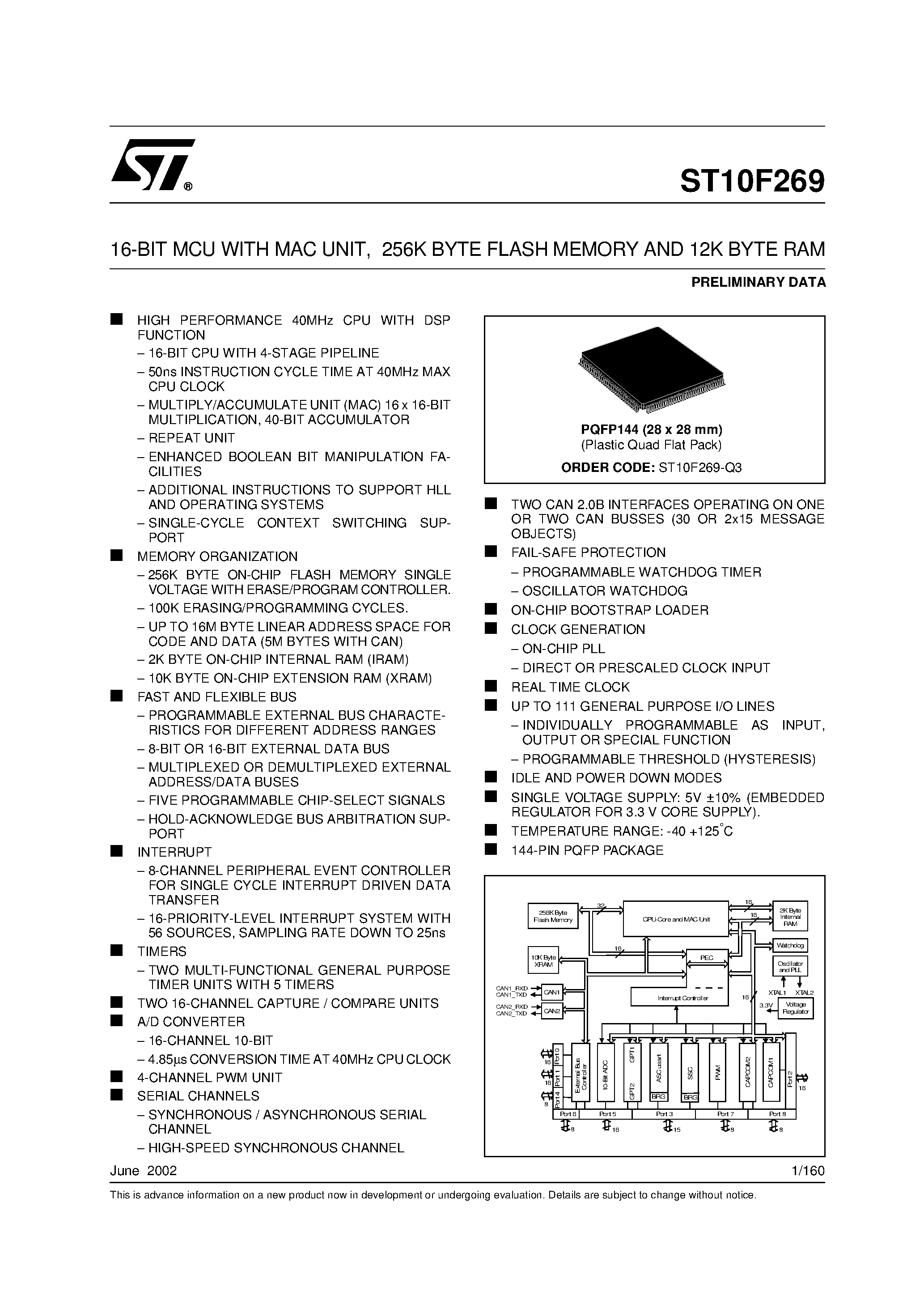 Даташит на микросхему ST10F269 страница 1 Даташит ST10F269 - 16-BIT MCU WITH MAC UNIT / 256K BYTE FLASH MEMORY AND 12K BYTE RAM страница 1
