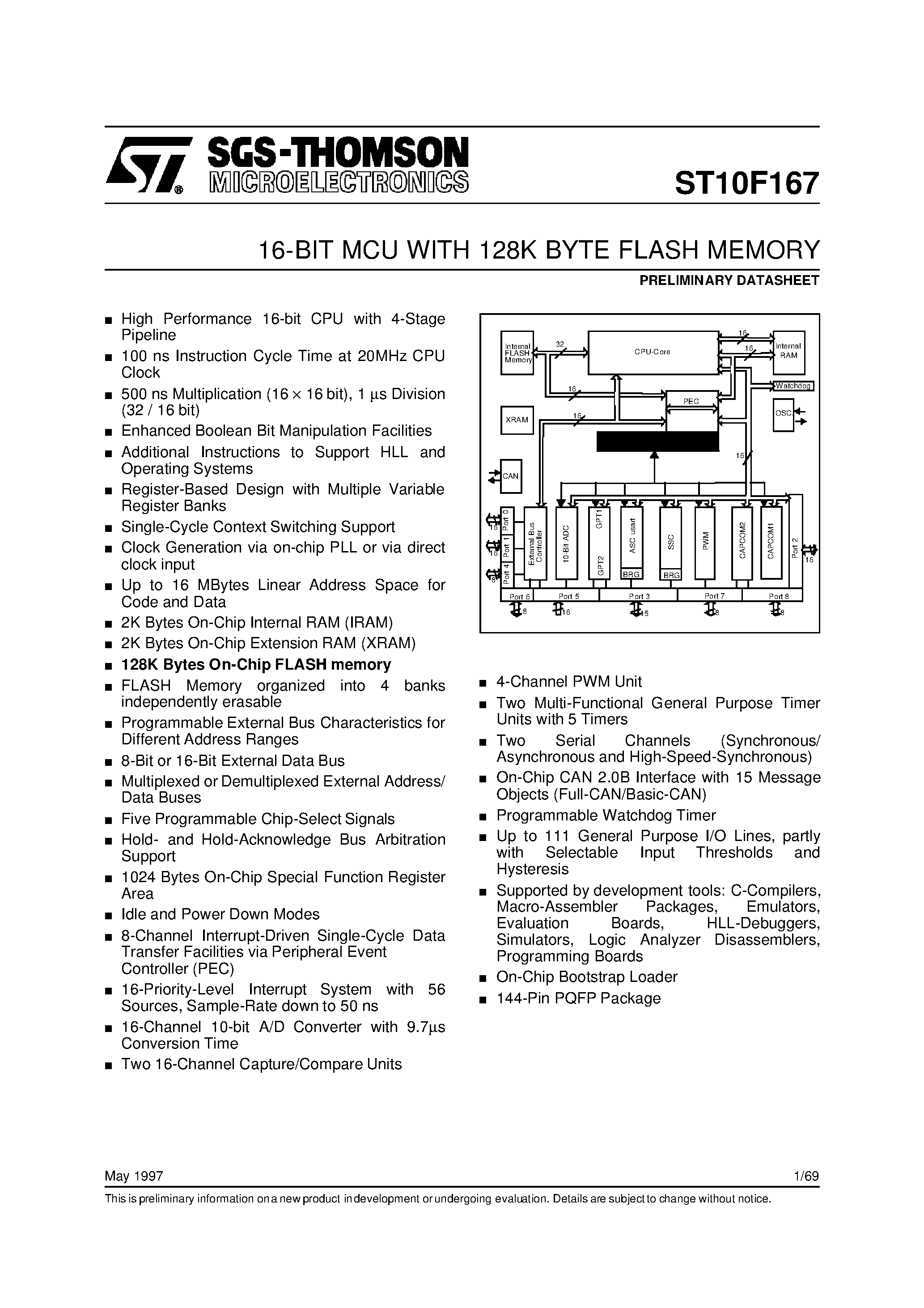 Даташит на микросхему ST10F167 страница 1 Даташит ST10F167 - 16-BIT MCU WITH 128K BYTE FLASH MEMORY страница 1