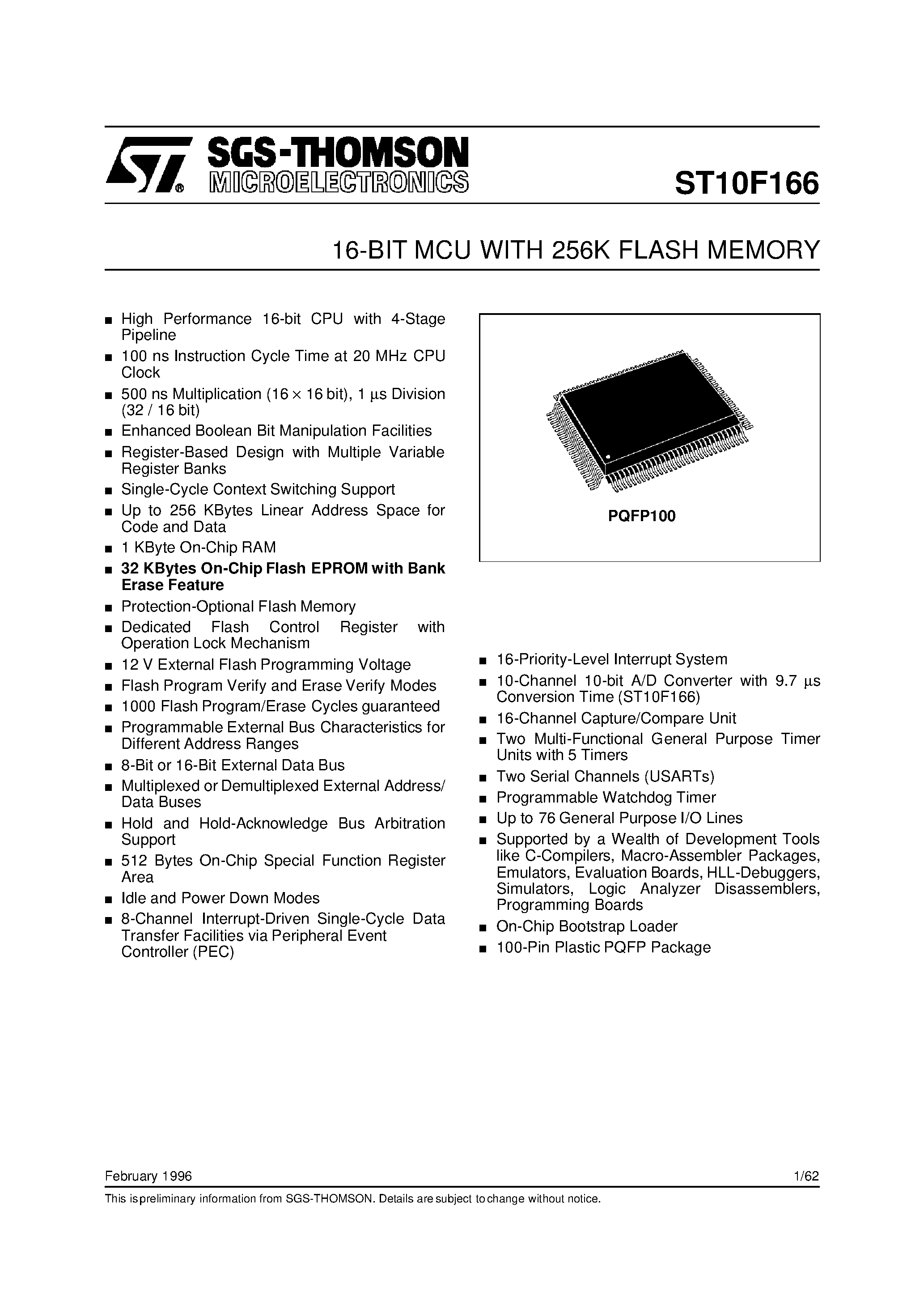 Даташит на микросхему ST10F166 страница 1 Даташит ST10F166 - 16-BIT MCU WITH 256K BYTE FLASH MEMORY страница 1