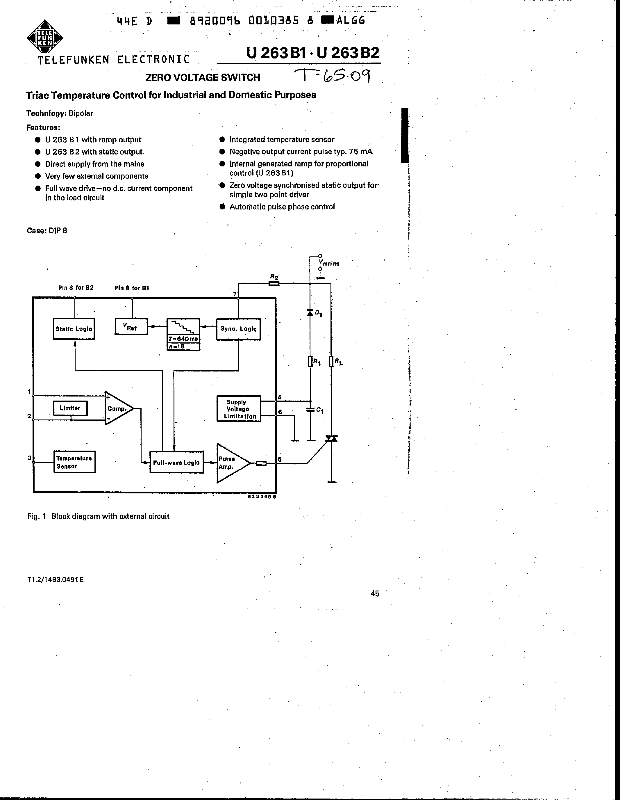 Datasheet U263B1 page 1 Datasheet U263B1 - (U263B2) Zero Voltage Switch page 1