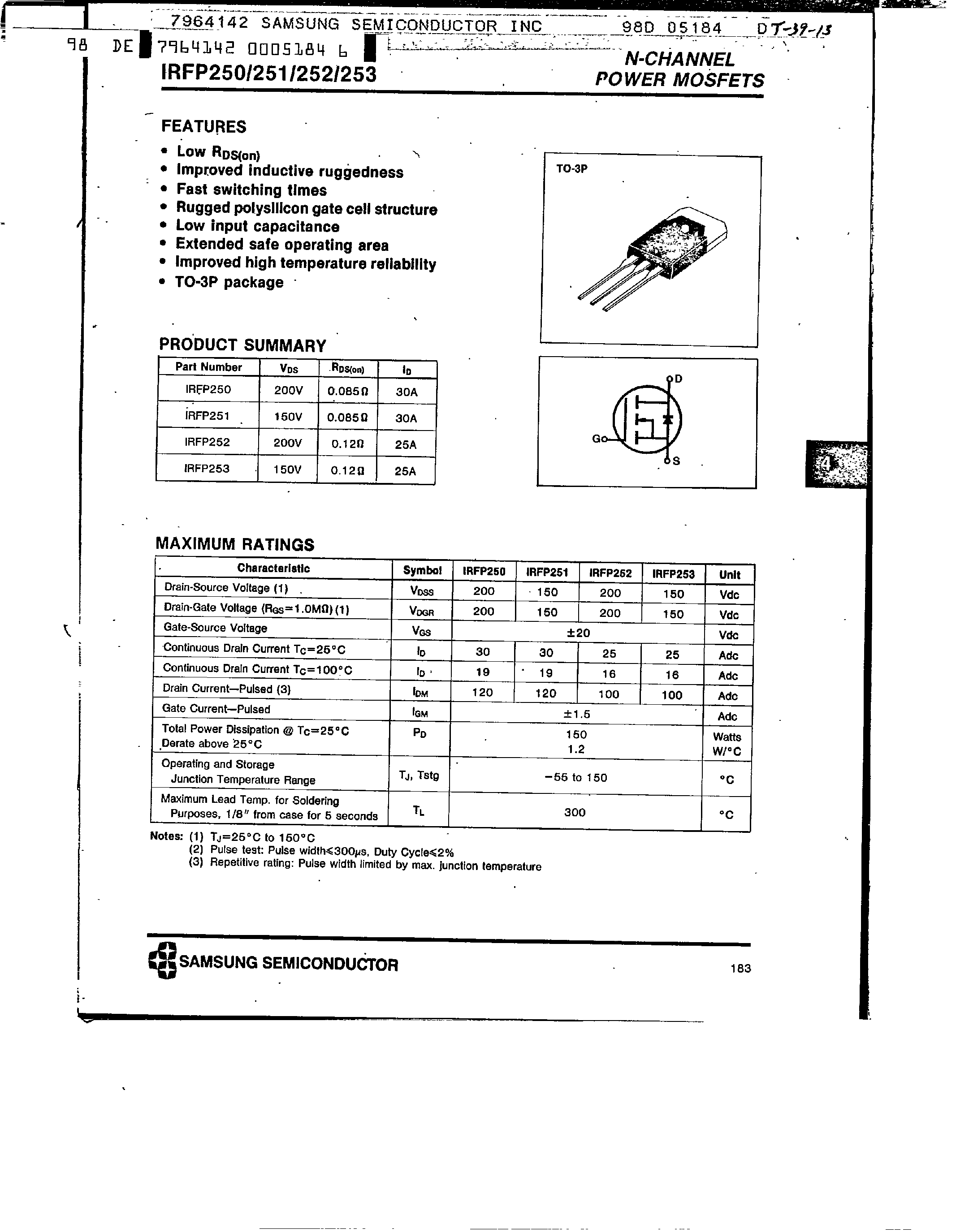 Даташит IRFP250 - N-Channel Power Mosfets страница 1