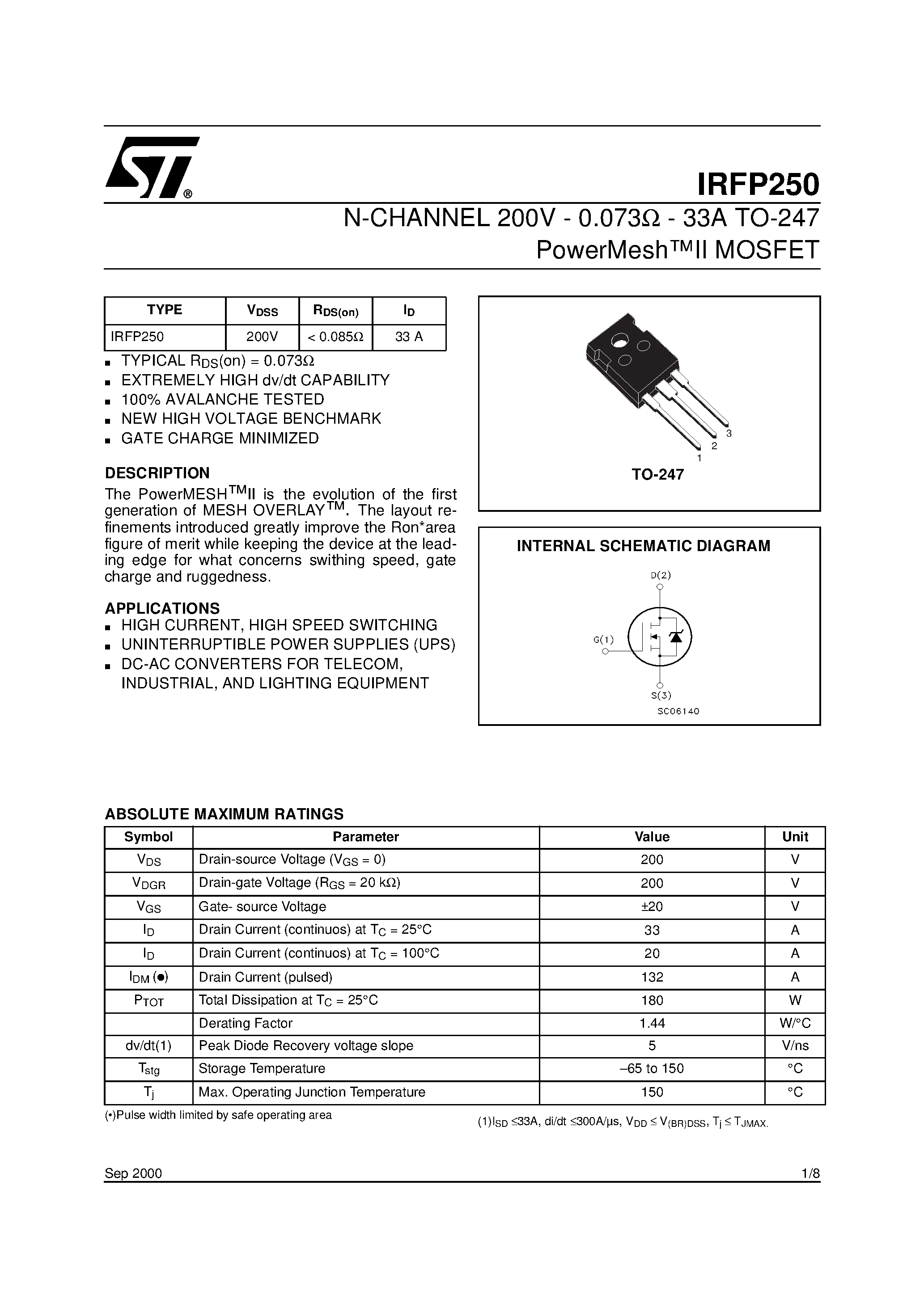 Даташит на микросхему IRFP250 страница 1 Даташит IRFP250 - N-CHANNEL MOSFET0 страница 1