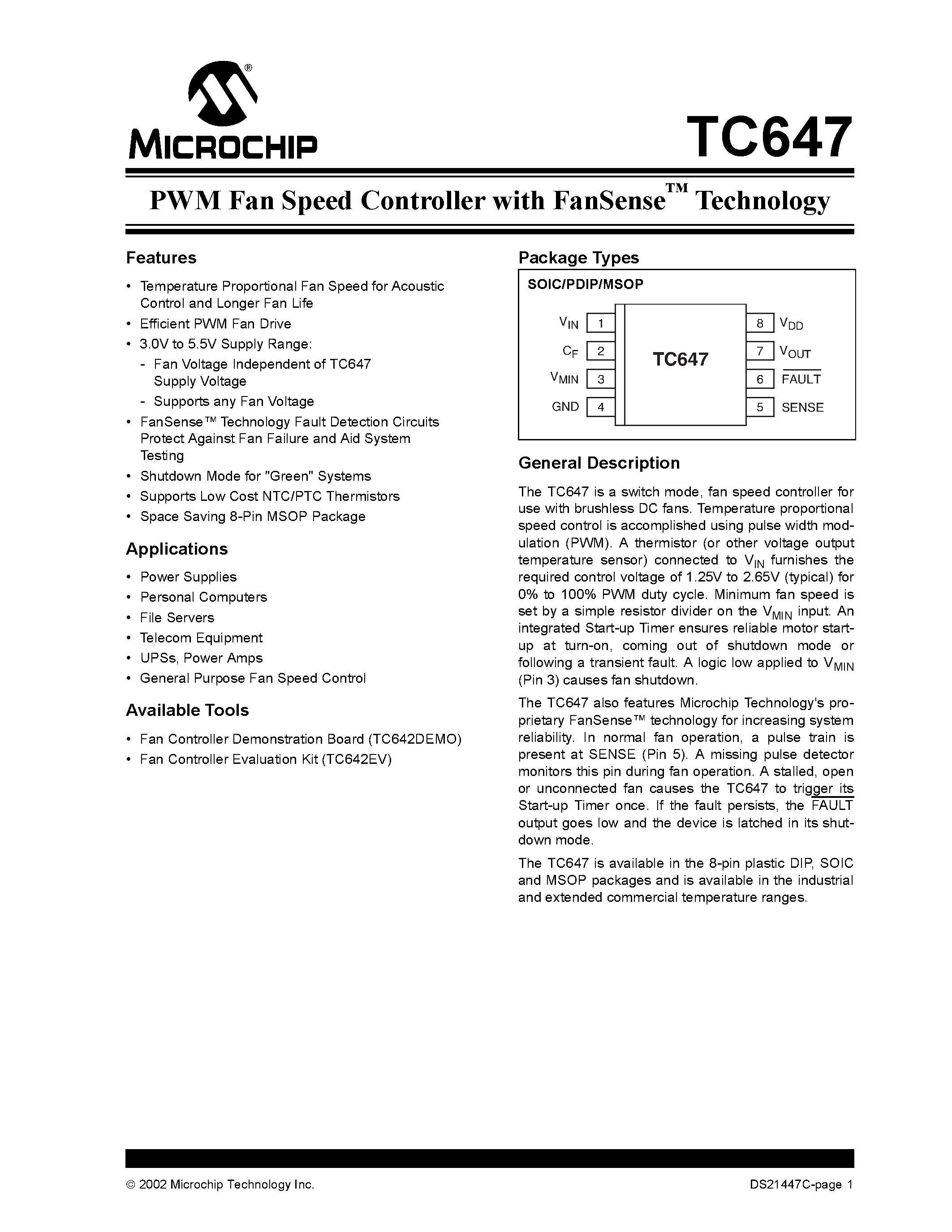 Даташит TC647 - PWM Fan Speed Controller страница 1