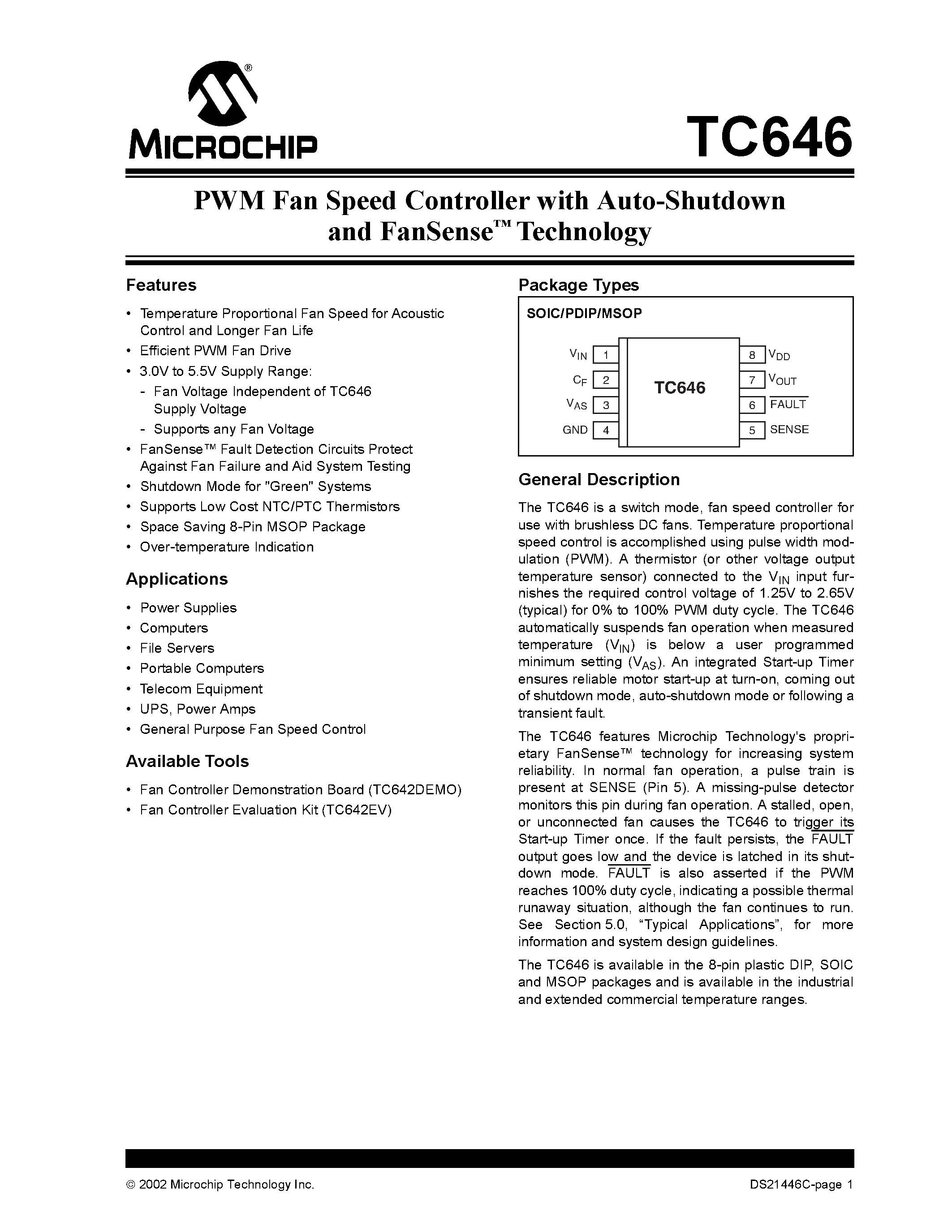 Datasheet TC646 - PWM Fan Speed Controller page 1