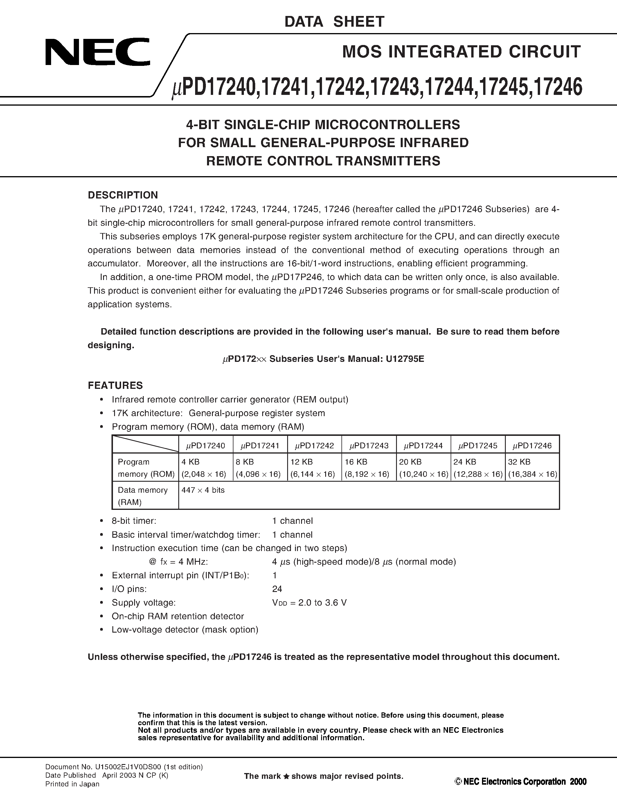 Datasheet UPD1724x page 1 Datasheet UPD1724x - 4 Bit Single-Chip Microcontrollers page 1