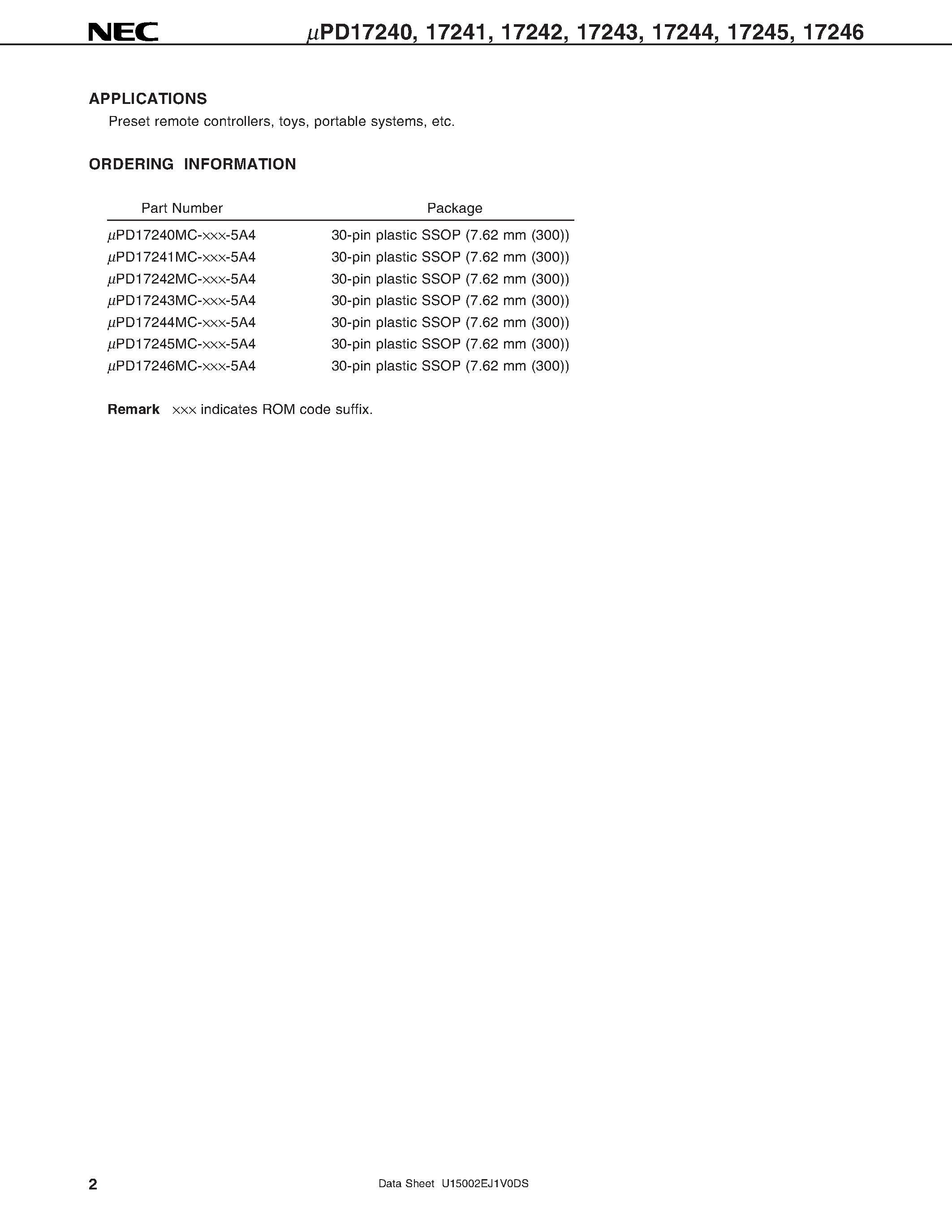 Datasheet UPD1724x page 2 Datasheet UPD1724x - 4 Bit Single-Chip Microcontrollers page 2