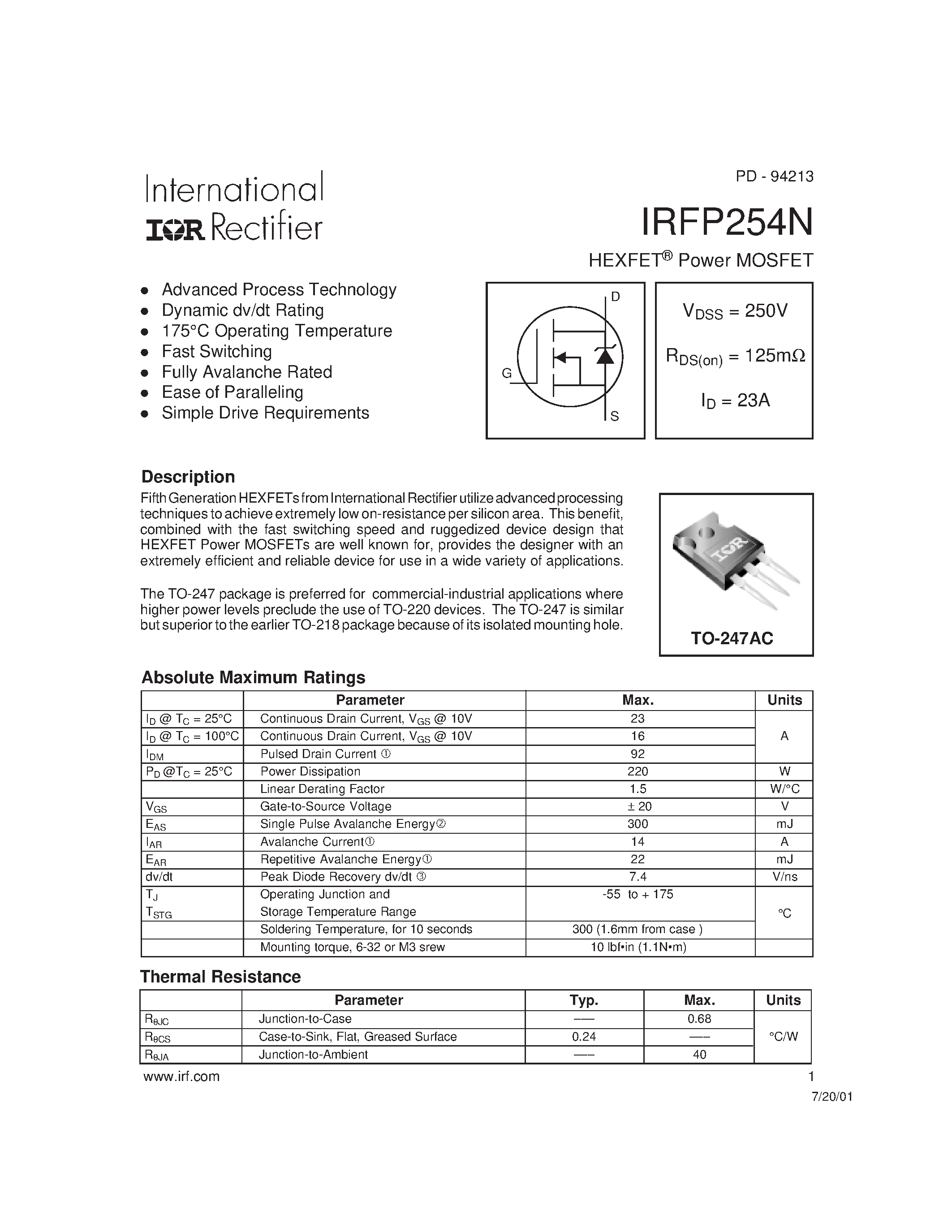 Даташит IRFP254N - Power MOSFET страница 1
