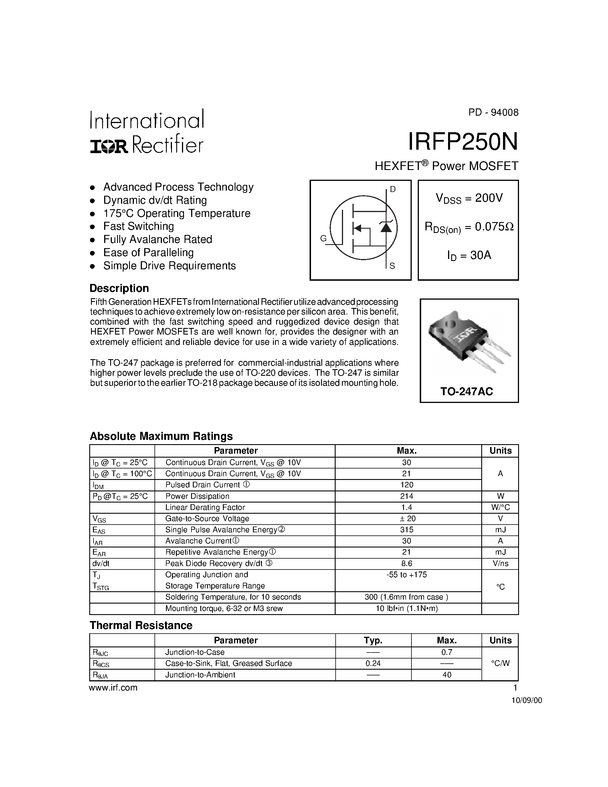 Даташит на микросхему IRFP250N страница 1 Даташит IRFP250N - Power MOSFET страница 1