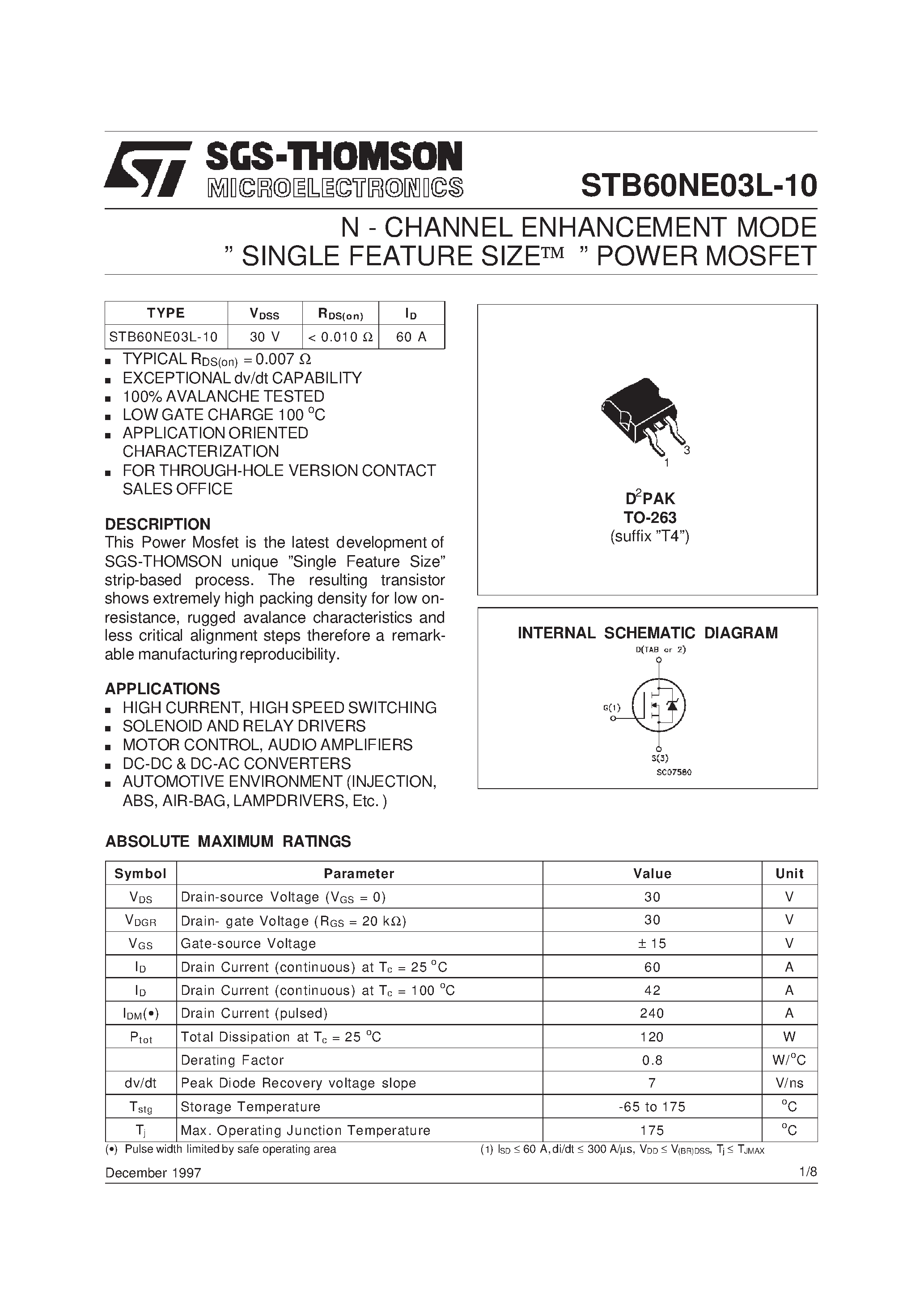 Datasheet STB60NE03L-10 - N-CHANNEL Power MOSFET page 1