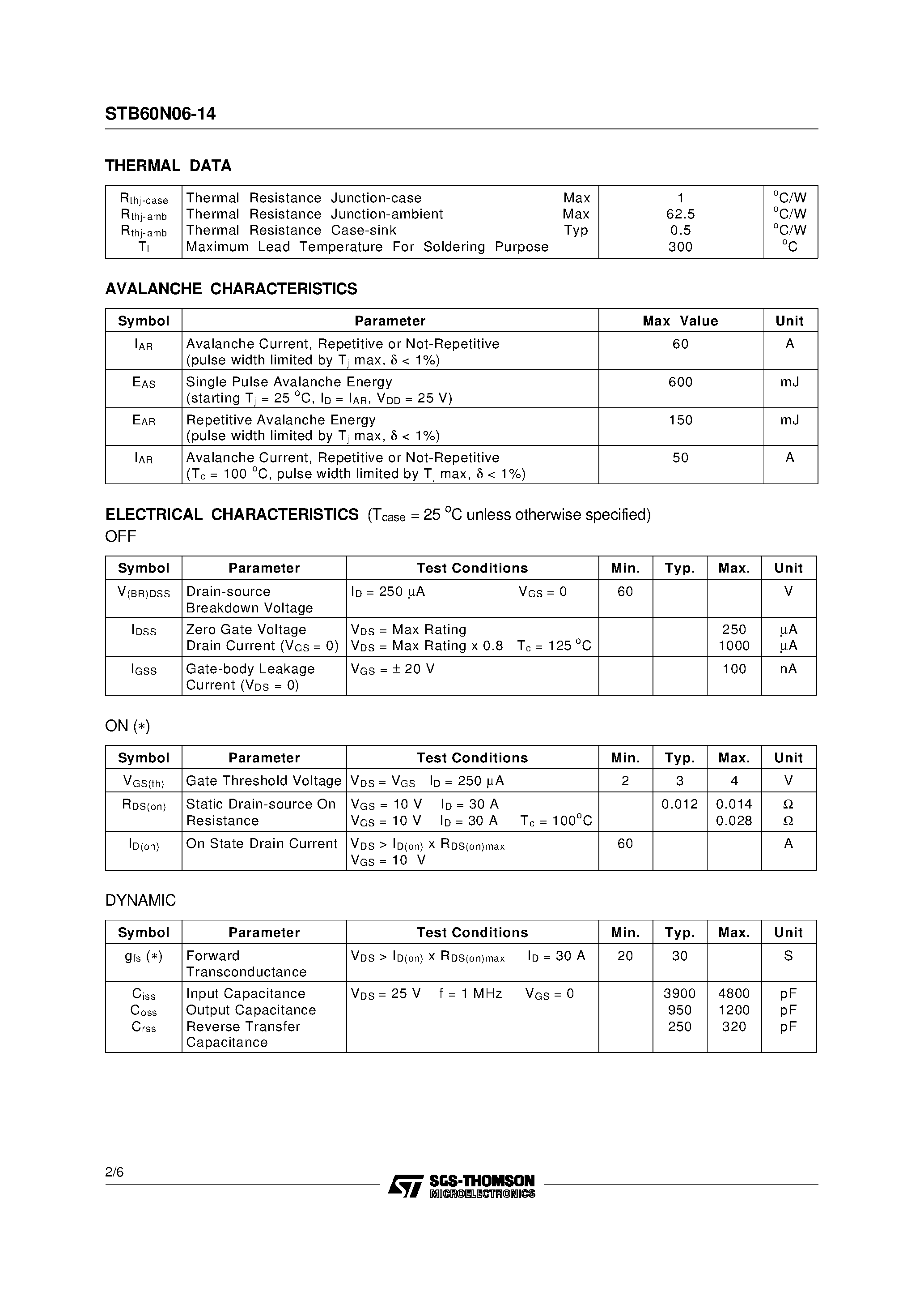 Datasheet STB60N06-14 - N-CHANNEL Power MOSFET page 2