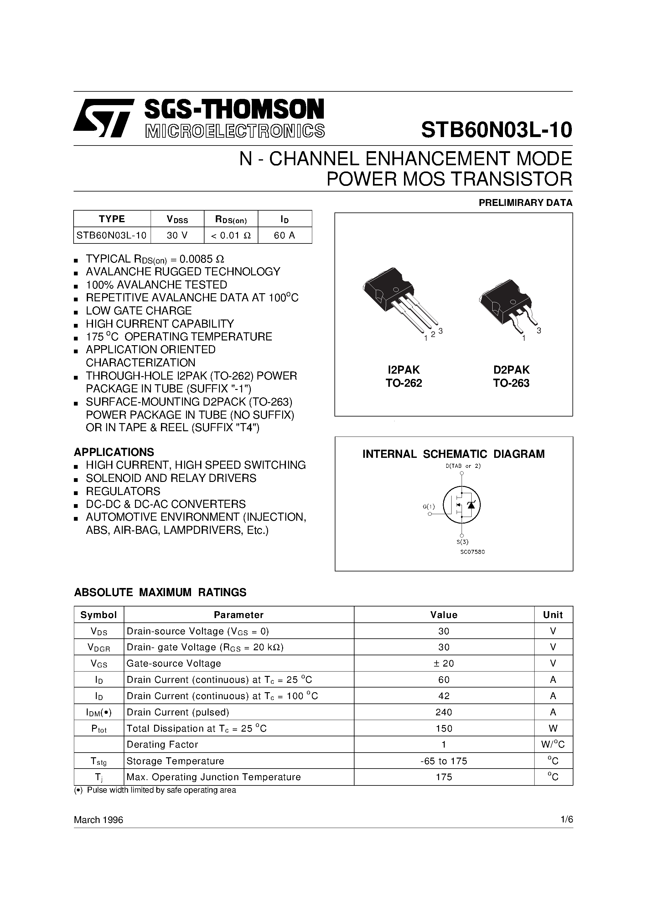 Datasheet STB60N03L-10 - N-CHANNEL Power MOSFET page 1