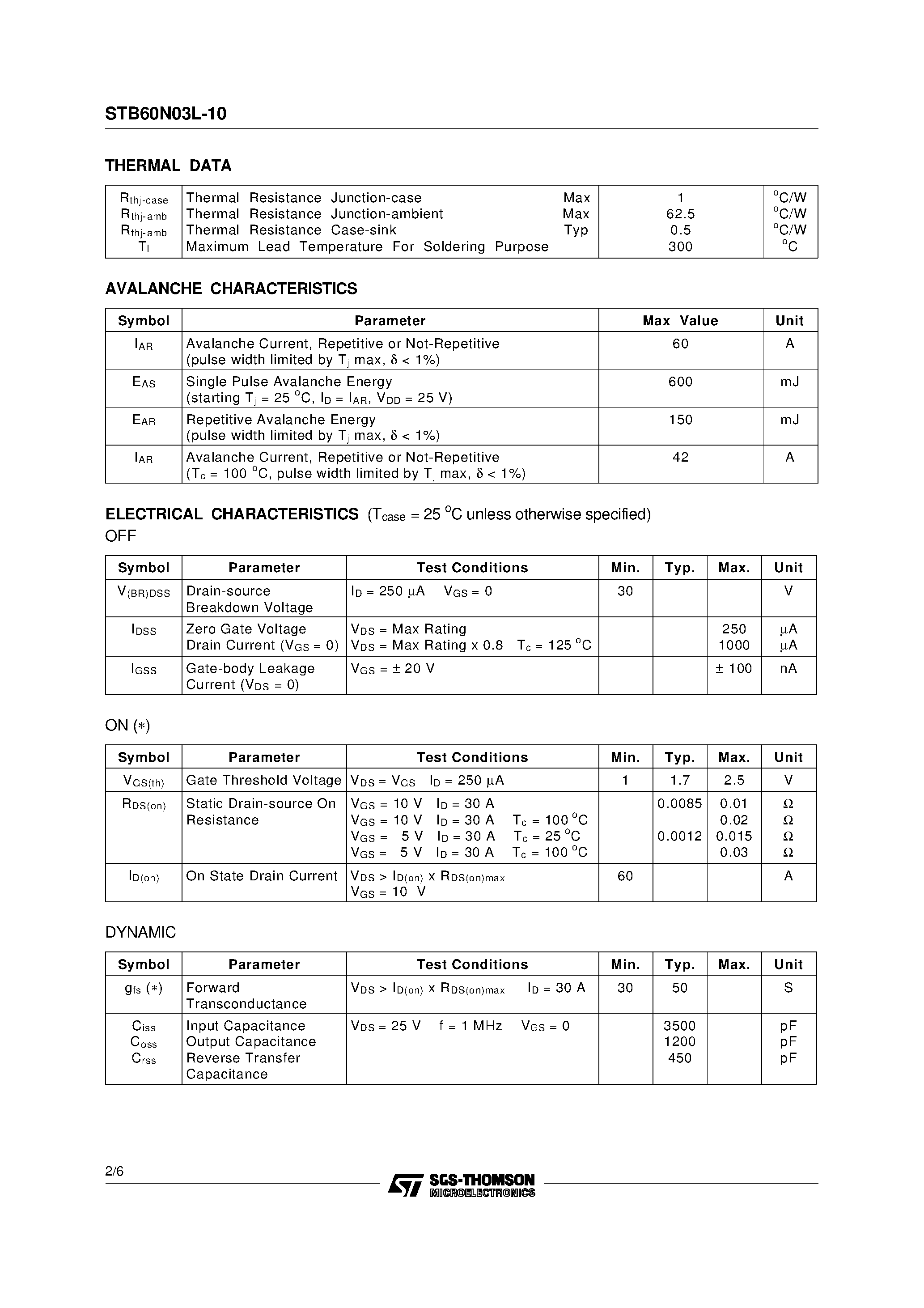 Datasheet STB60N03L-10 - N-CHANNEL Power MOSFET page 2
