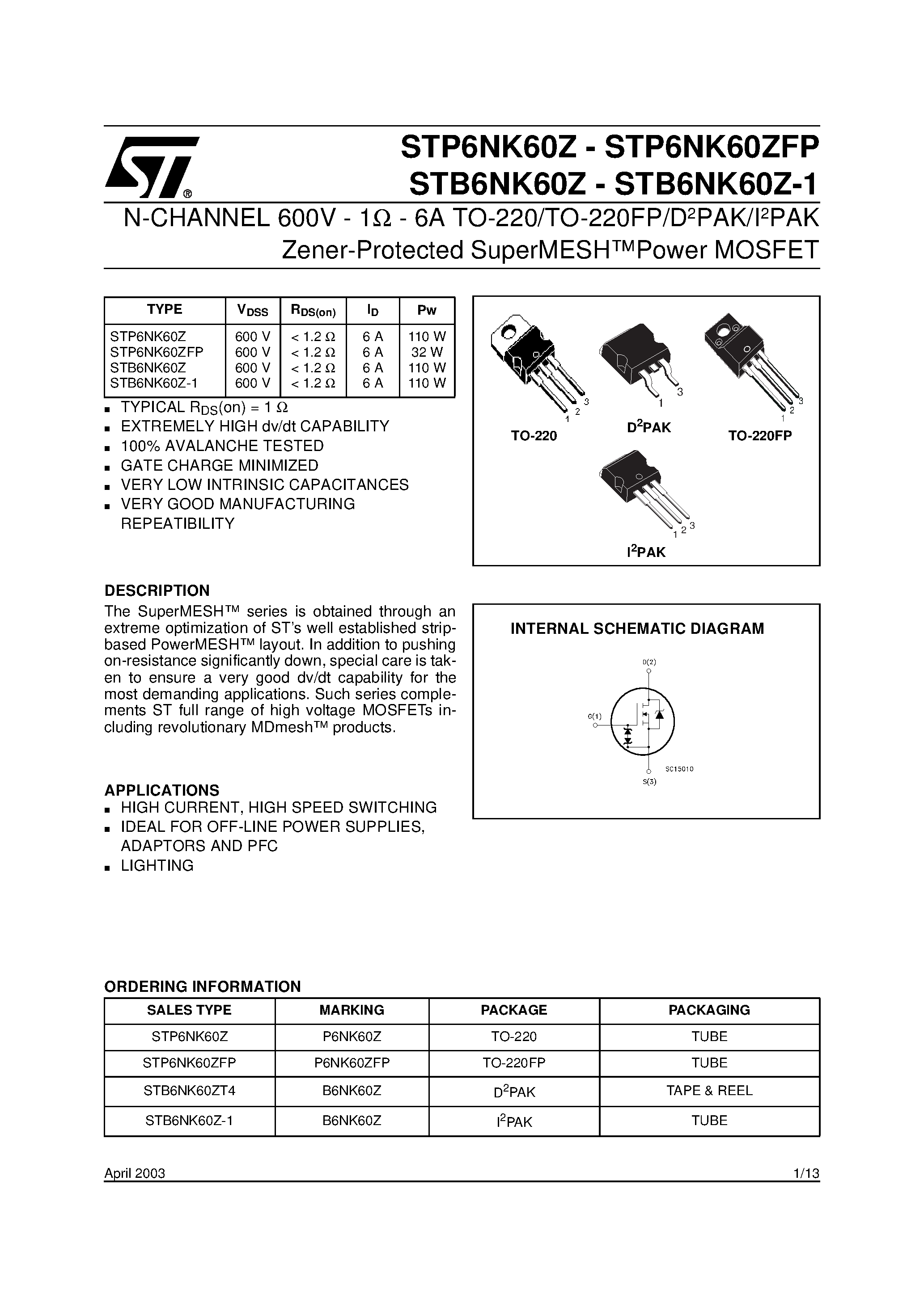 Datasheet STB6NK60Z - N-CHANNEL Power MOSFET page 1