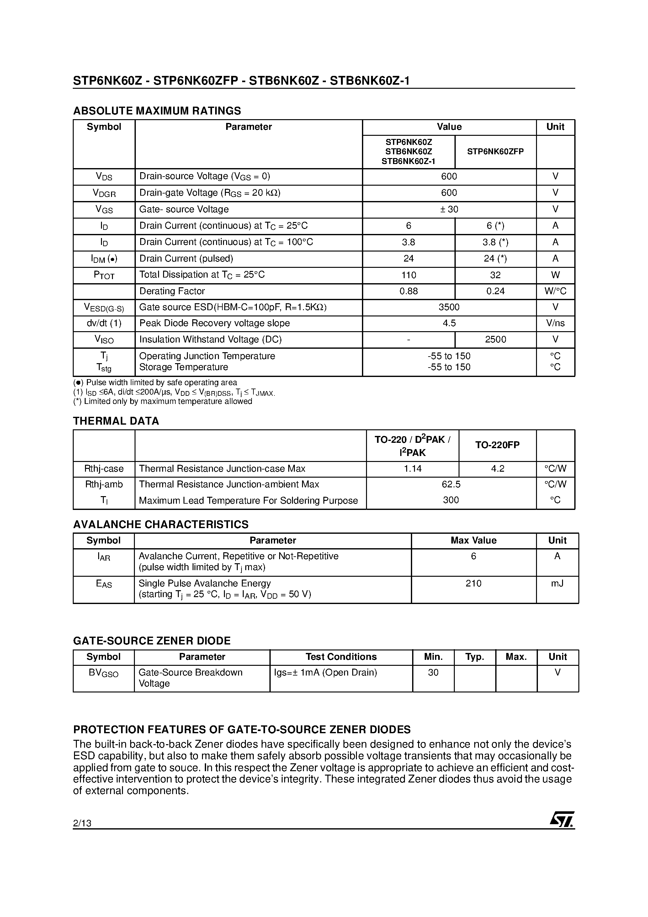 Datasheet STB6NK60Z - N-CHANNEL Power MOSFET page 2