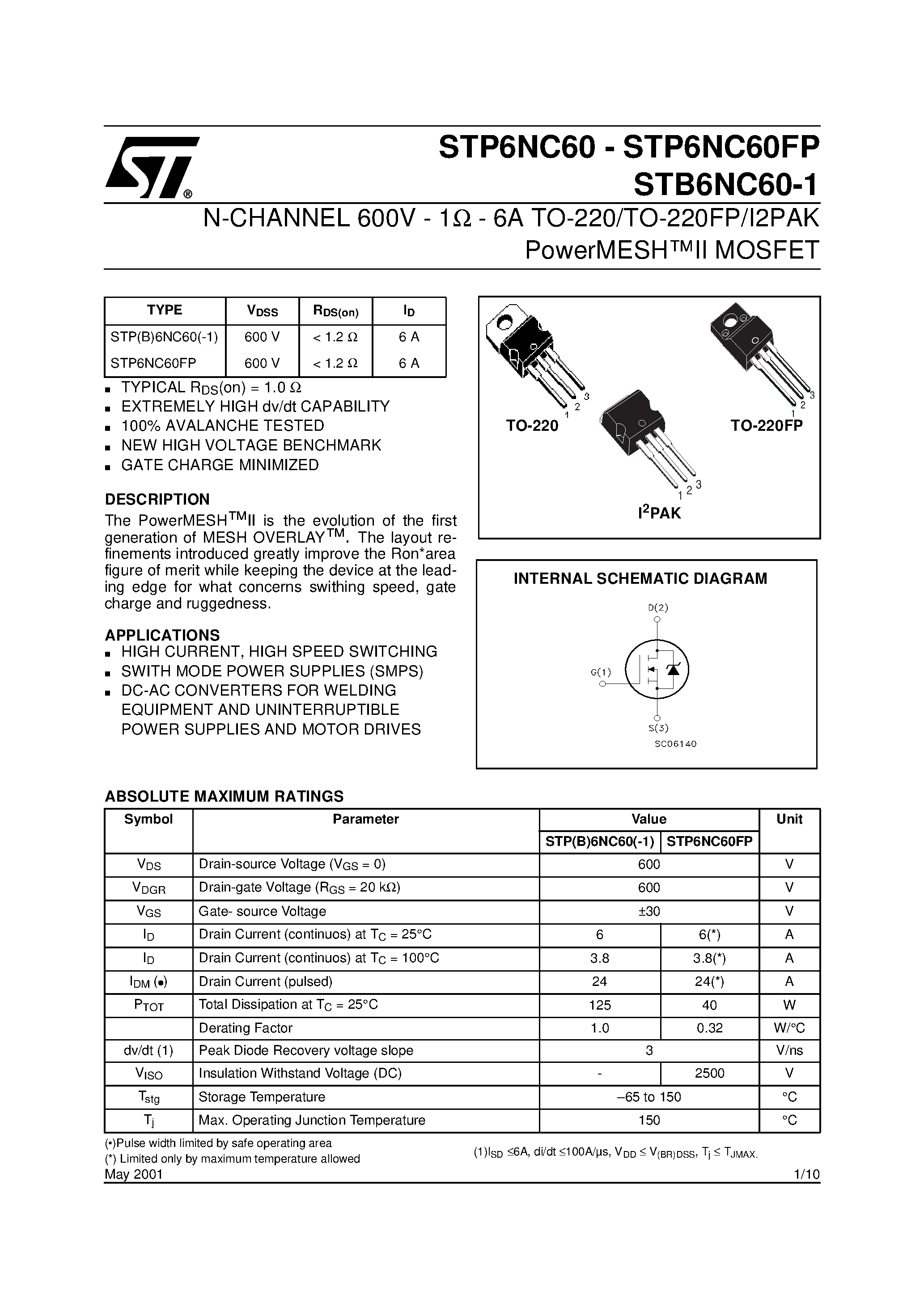 Datasheet STB6NC60 - N-CHANNEL Power MOSFET page 1