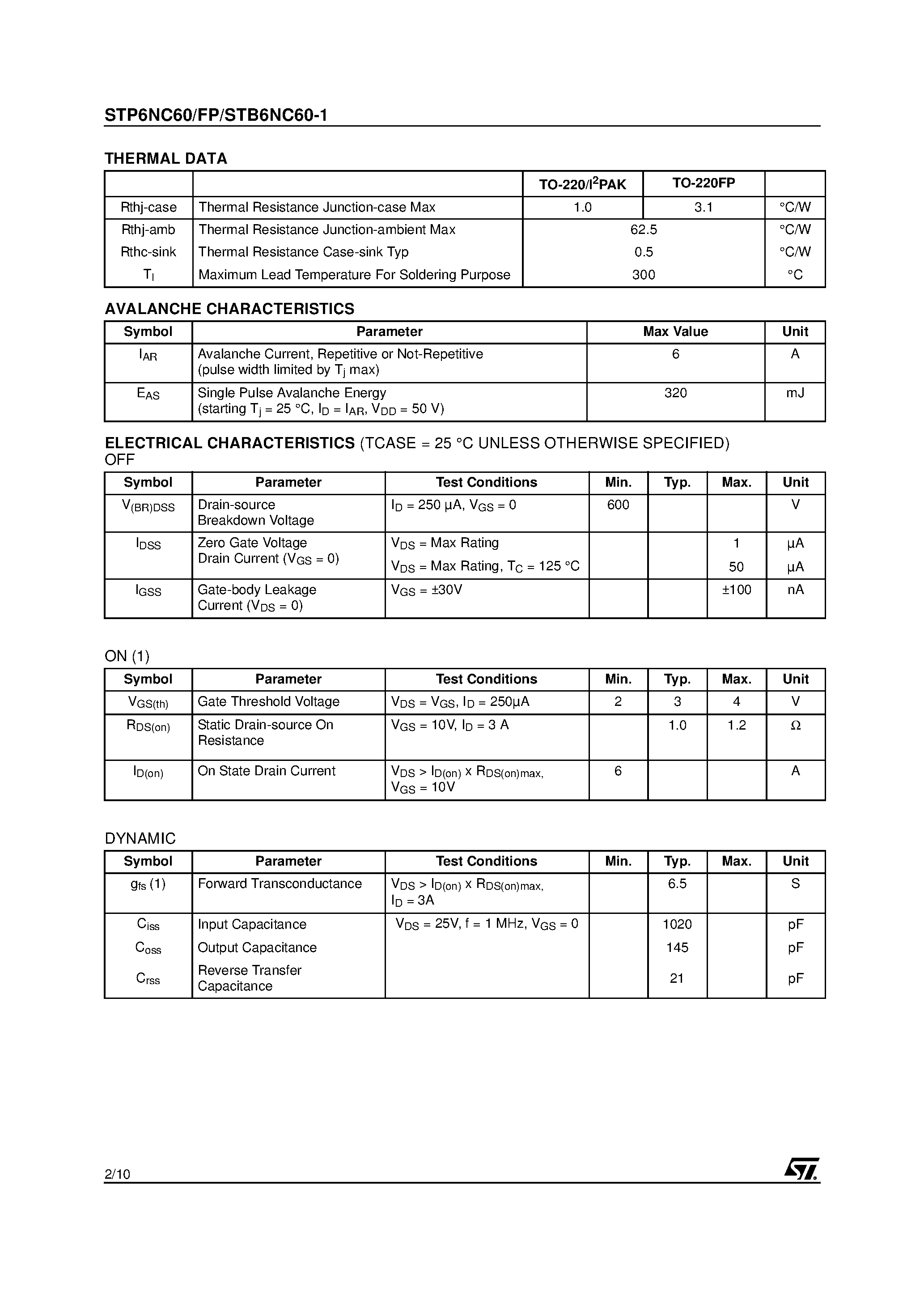 Datasheet STB6NC60 - N-CHANNEL Power MOSFET page 2