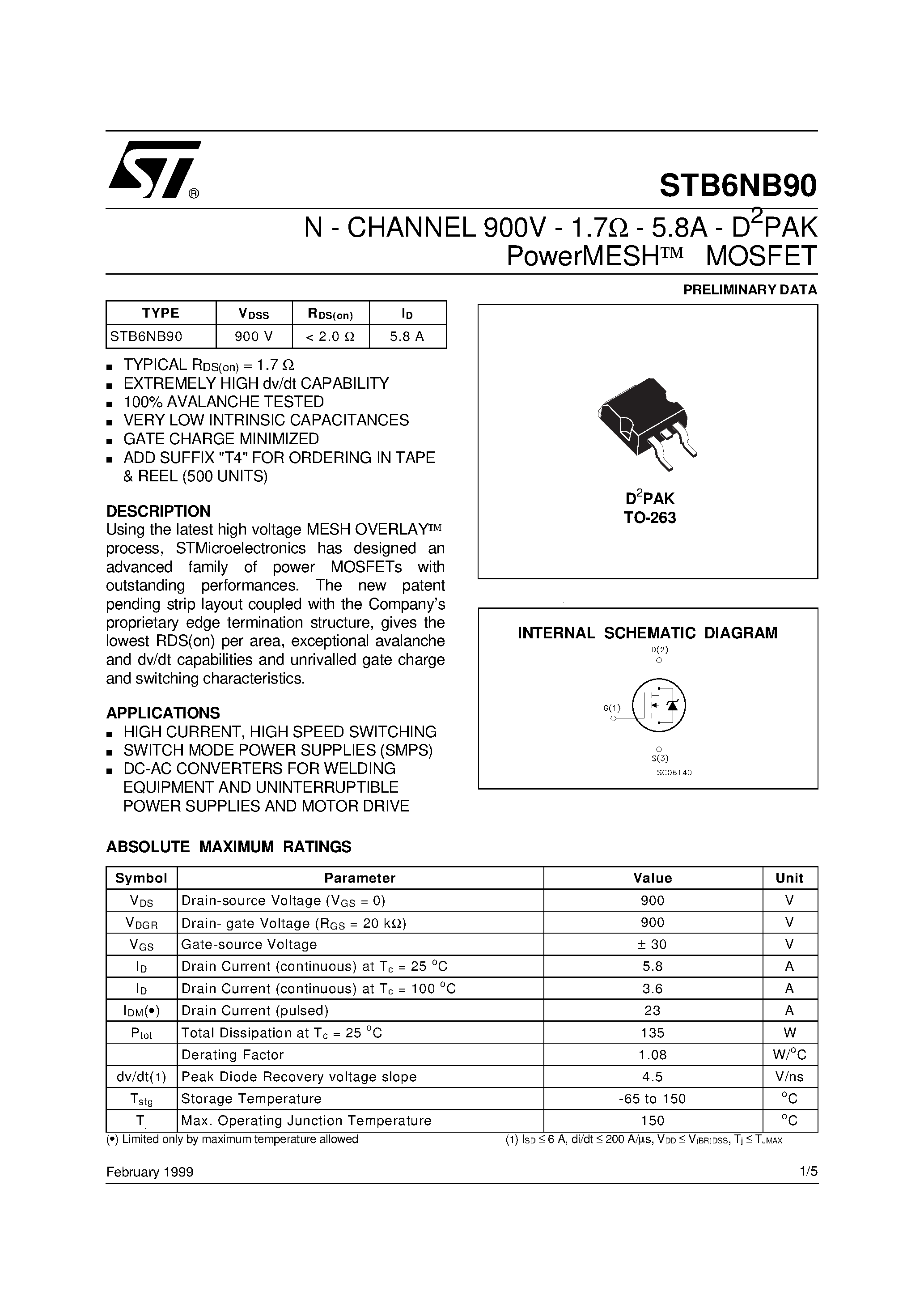 Datasheet STB6NB90 - N-CHANNEL Power MOSFET page 1