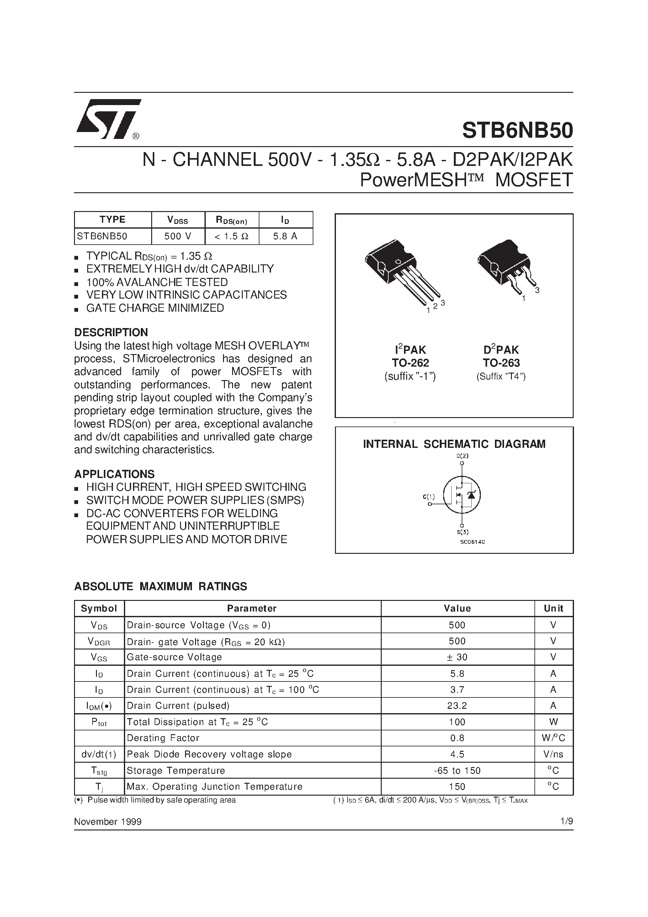 Datasheet STB6NB50 - N-CHANNEL Power MOSFET page 1