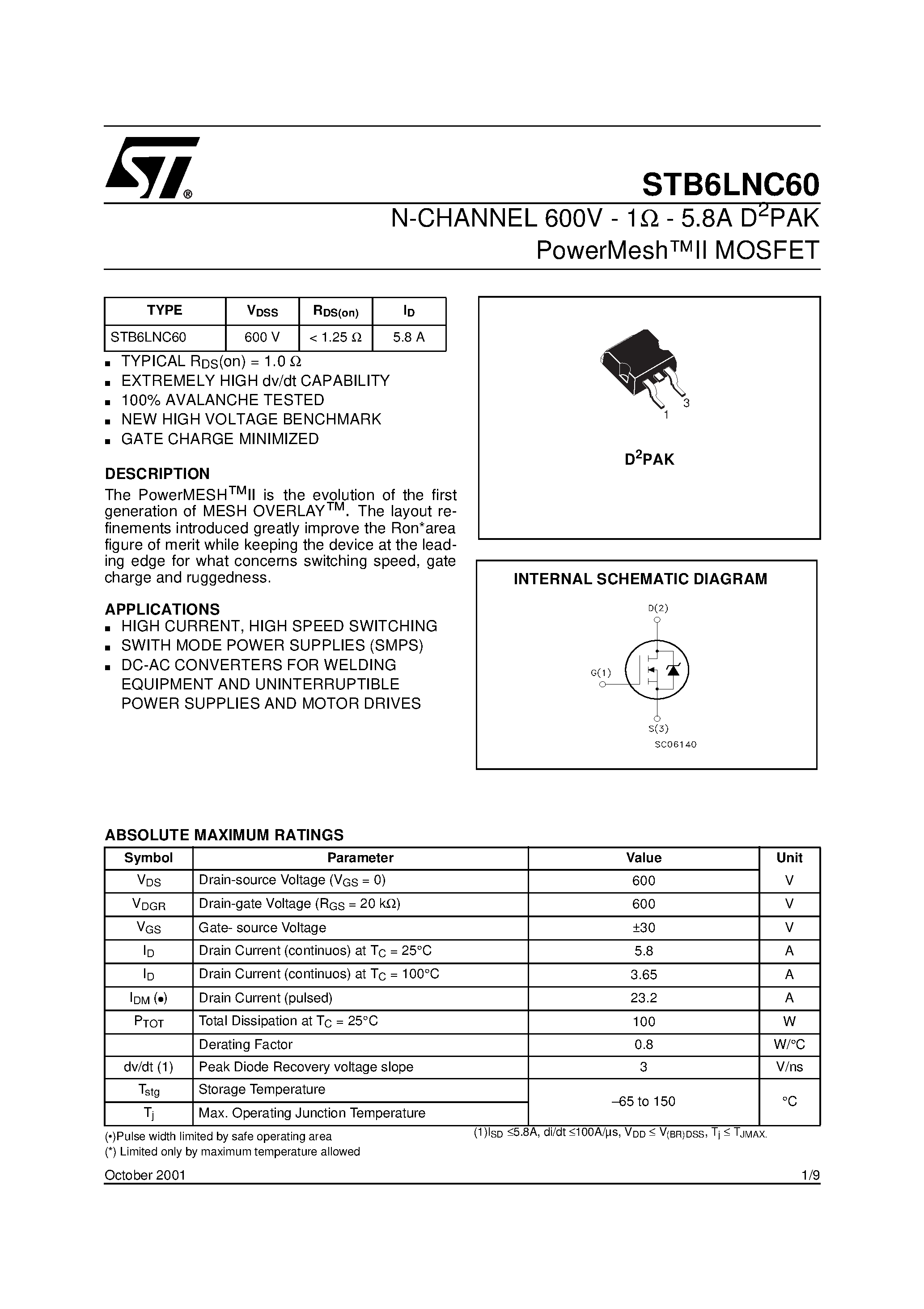 Datasheet STB6LNC60 - N-CHANNEL Power MOSFET page 1