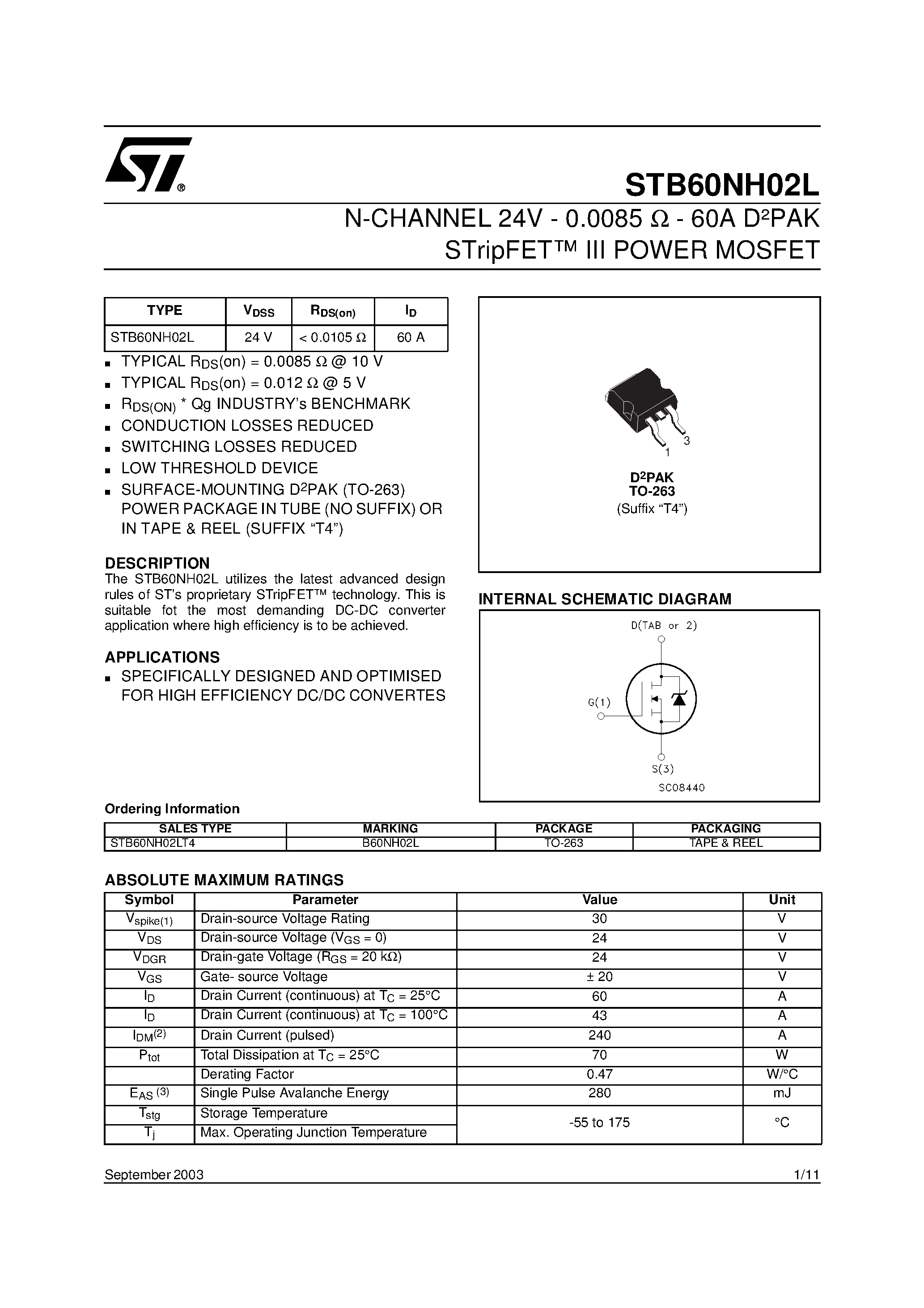 Datasheet STB60NH02L - N-CHANNEL Power MOSFET page 1