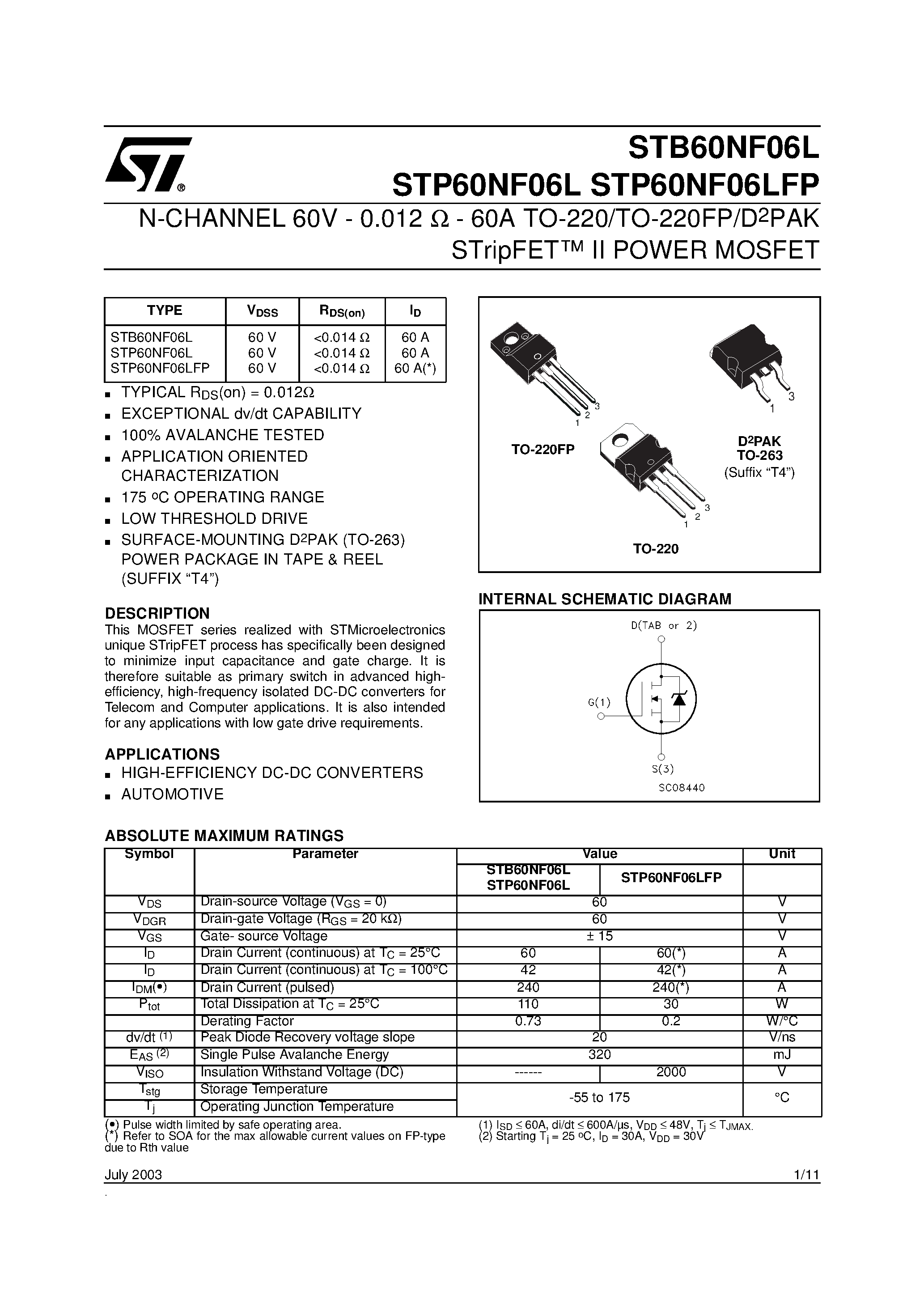 Datasheet STB60NF06L - N-CHANNEL Power MOSFET page 1