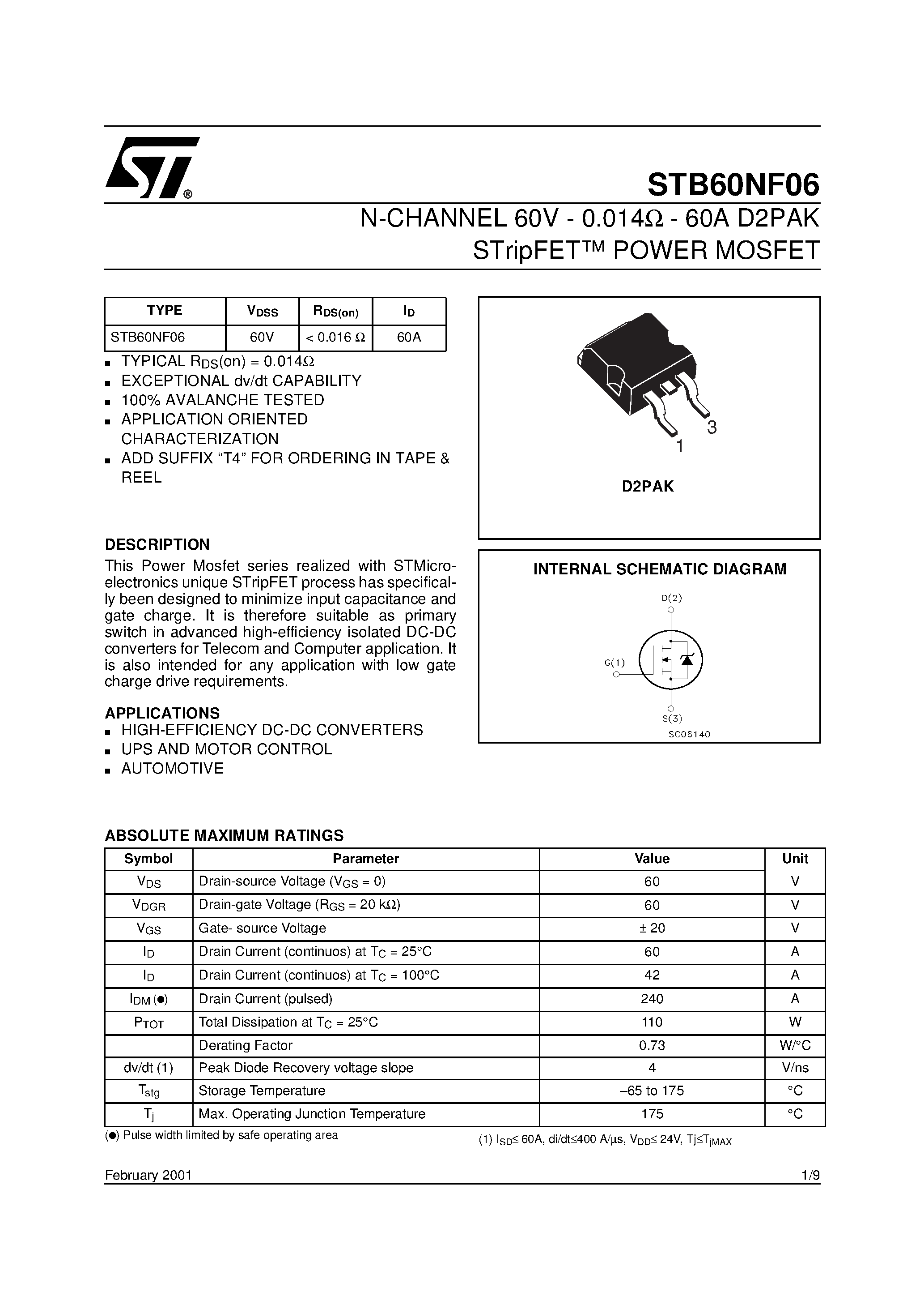 Datasheet STB60NF06 - N-CHANNEL Power MOSFET page 1