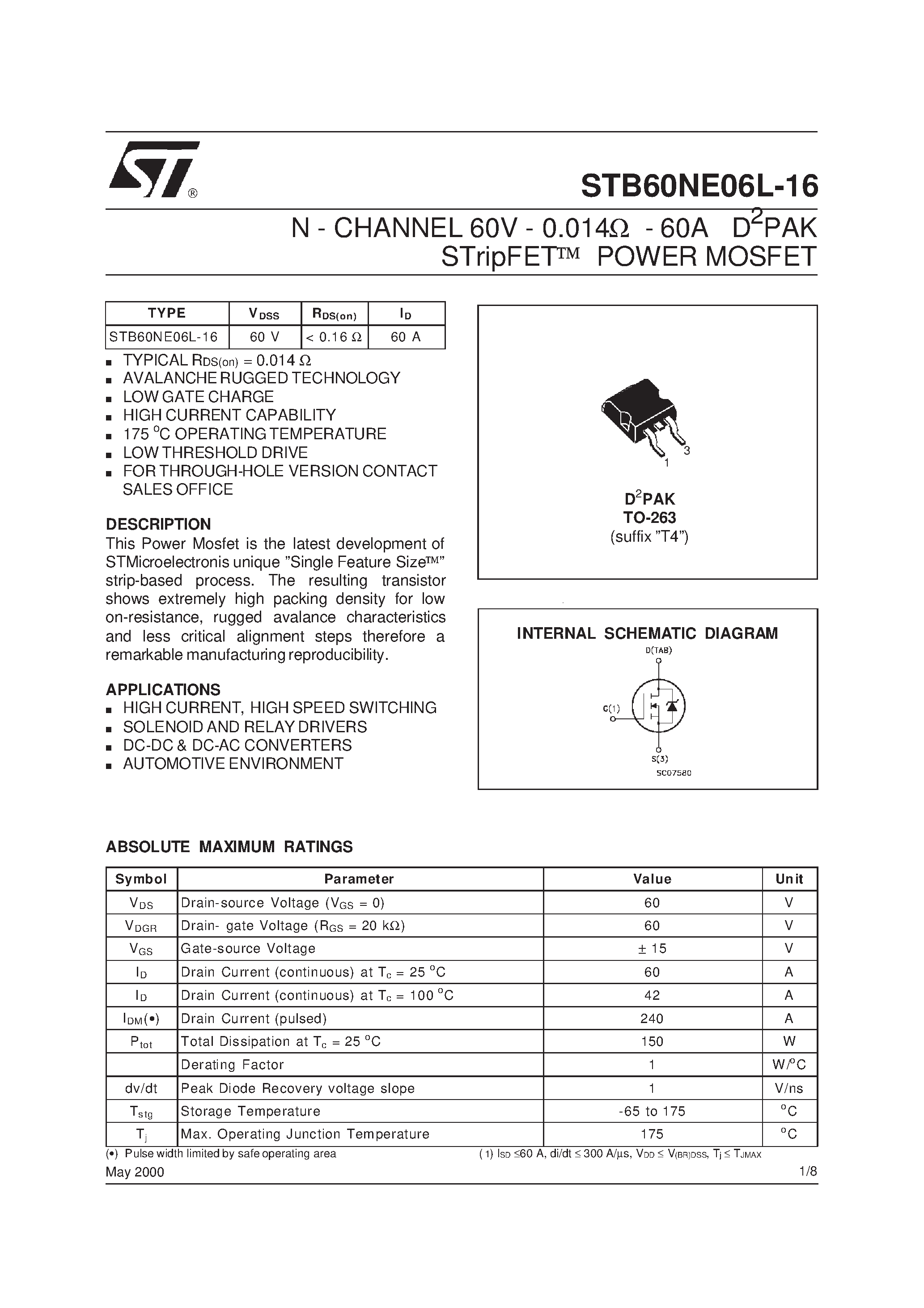 Datasheet STB60NE06L-16 - N-CHANNEL Power MOSFET page 1