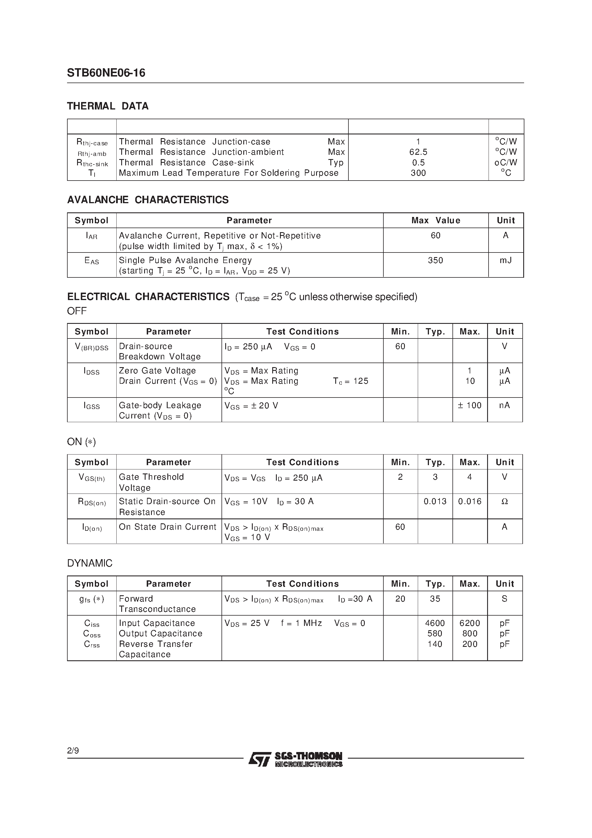 Datasheet STB60NE06-16 - N-CHANNEL Power MOSFET page 2