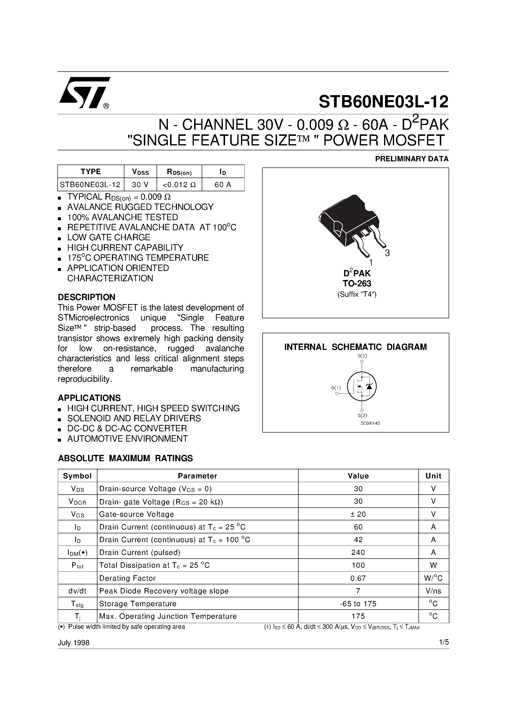 Datasheet STB60NE03L-12 - N-CHANNEL Power MOSFET page 1