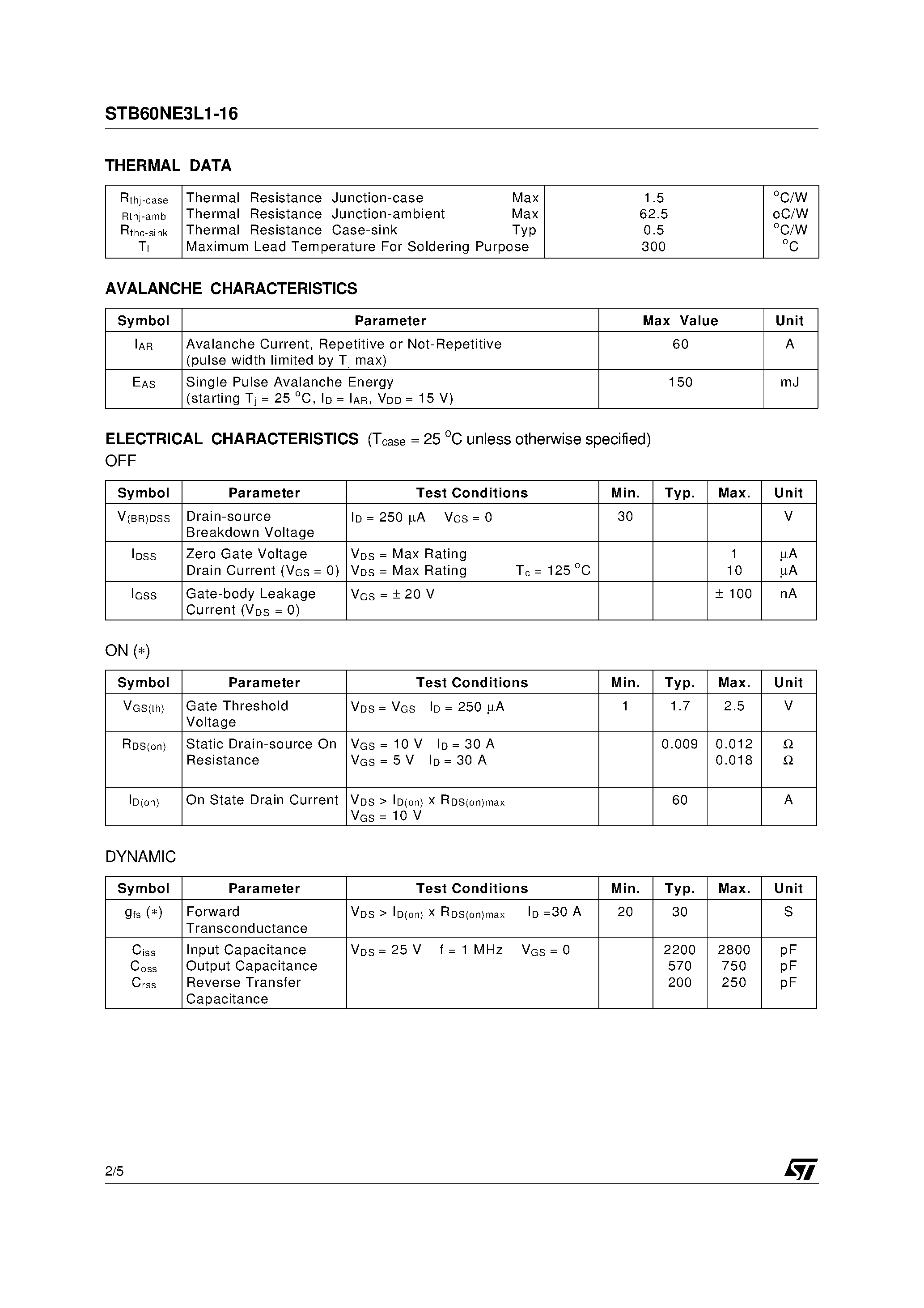 Datasheet STB60NE03L-12 - N-CHANNEL Power MOSFET page 2